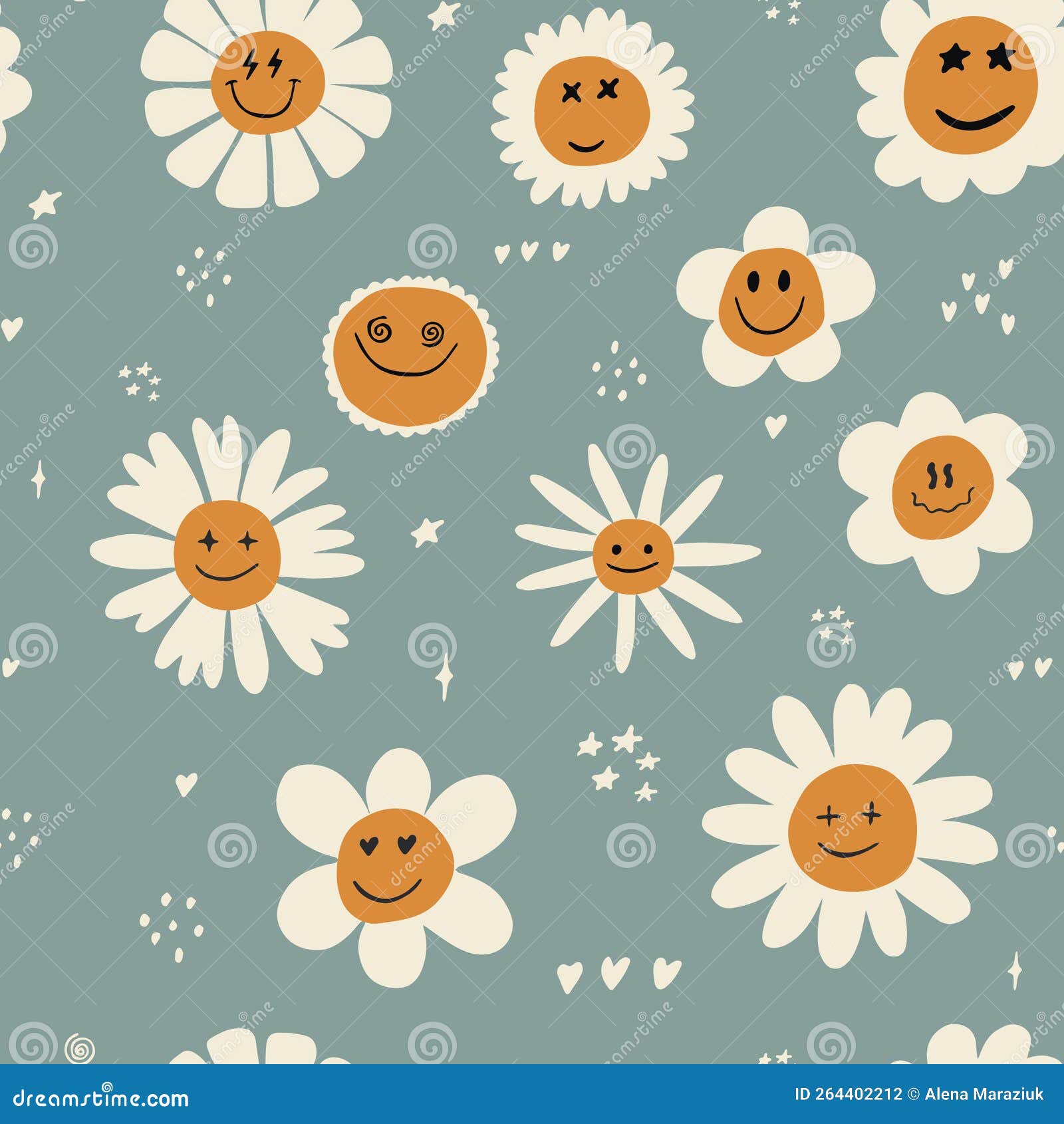 Floral Vector Background With Vintage Groovy Daisy Flowers