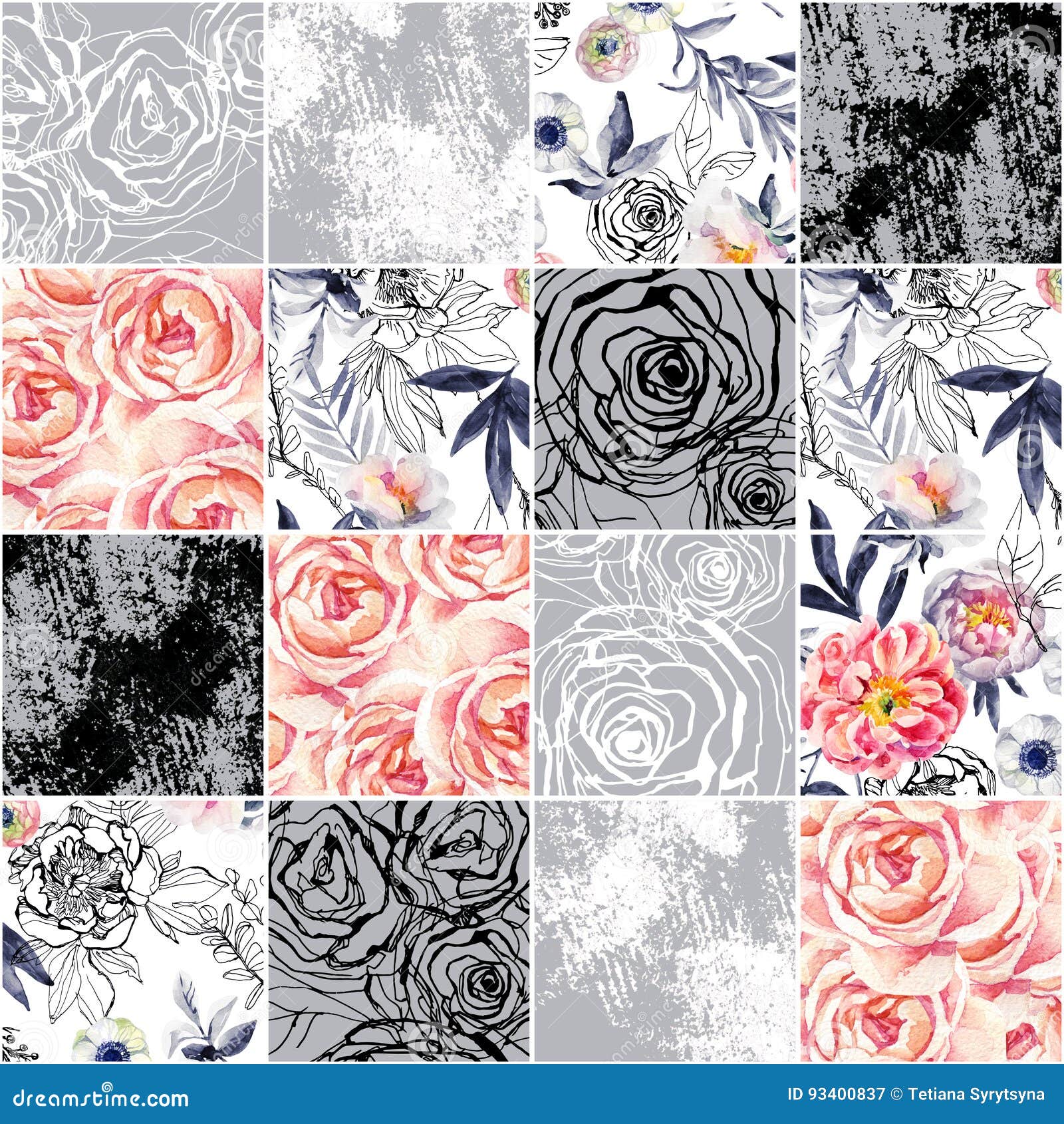 Abstract Squares Seamless Pattern: Watercolor, Ink Doodle Flowers ...