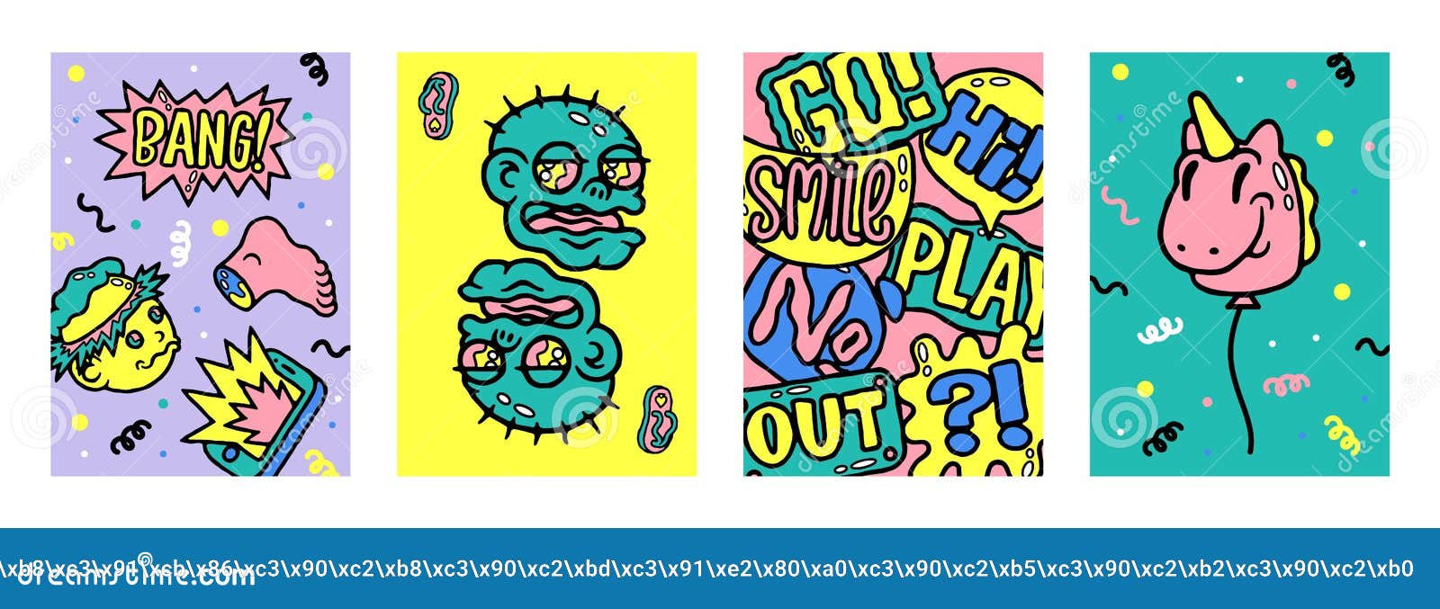 Abstract Sticker Posters. Cartoon Banners with Psychedelic Elements and