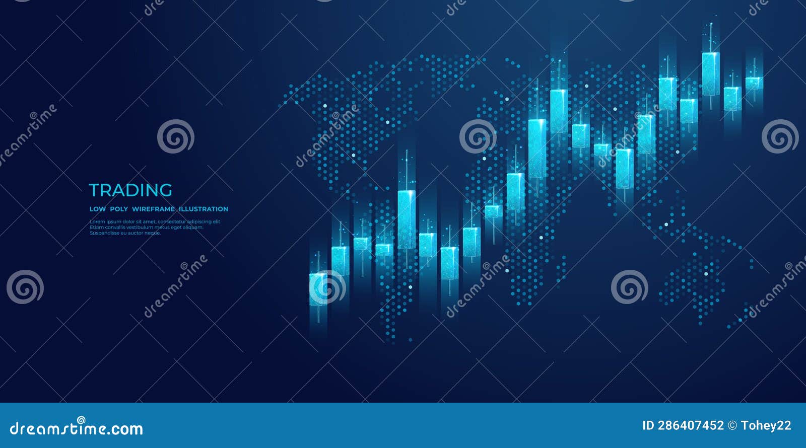 Abstract Stock Market Candlesticks and World Map on Blue Background