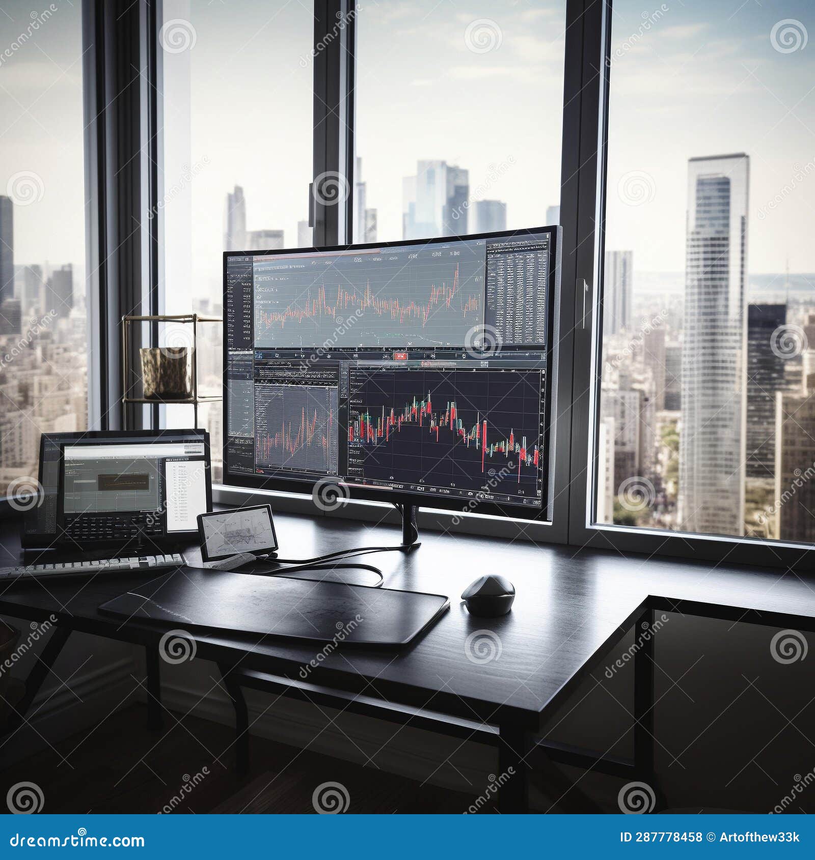 abstract stock market graphs on modern computer screen in minimalist office