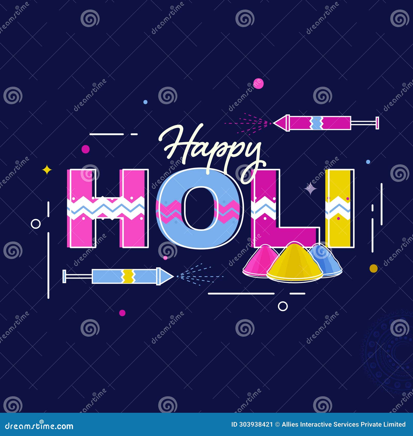 abstract style colorful font happy holi with water gun, color powder plate on blue background. can be used  as a
