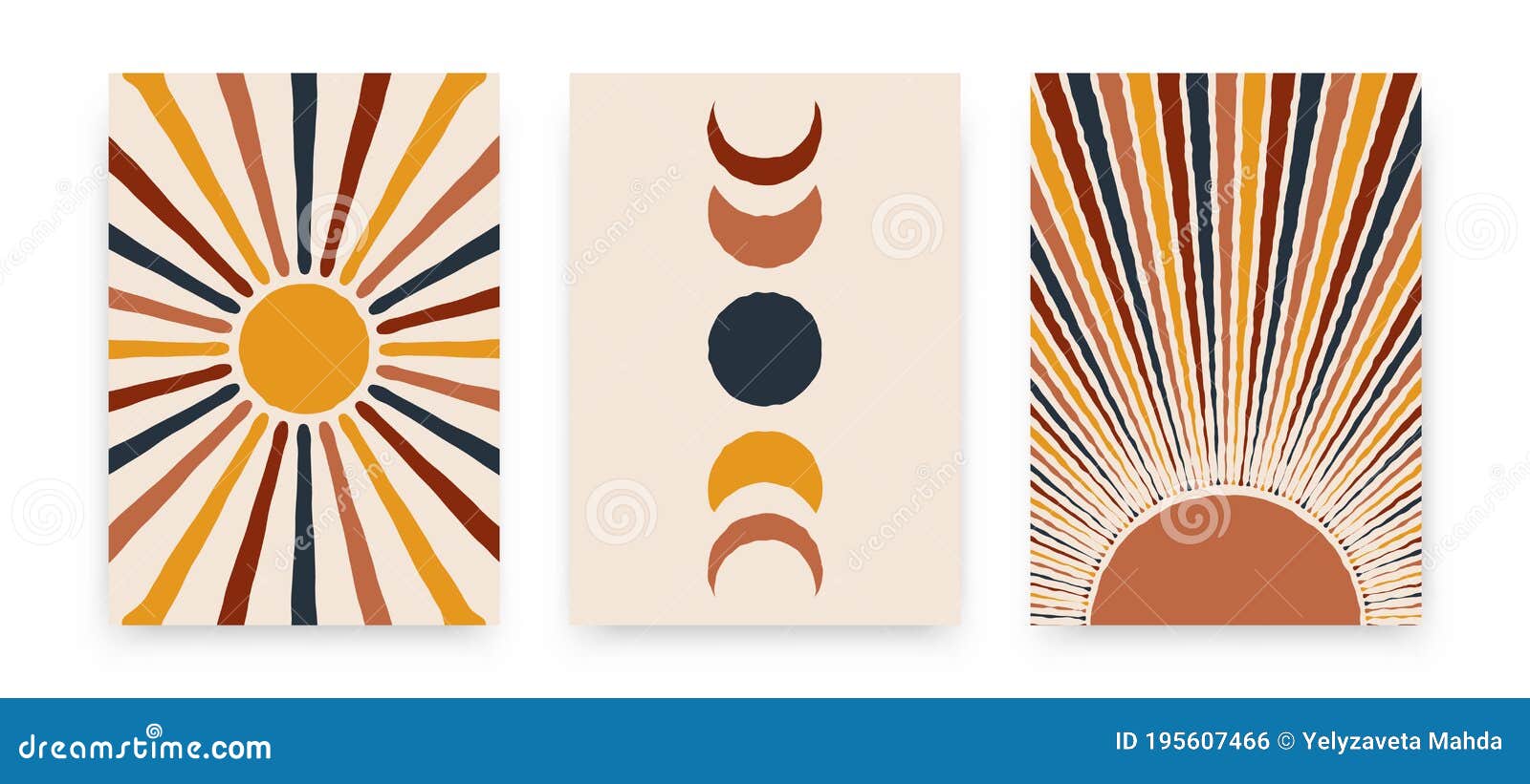 abstract sun moon posters. contemporary backgrounds, set of covers modern boho style. mid century wall decor,  art print