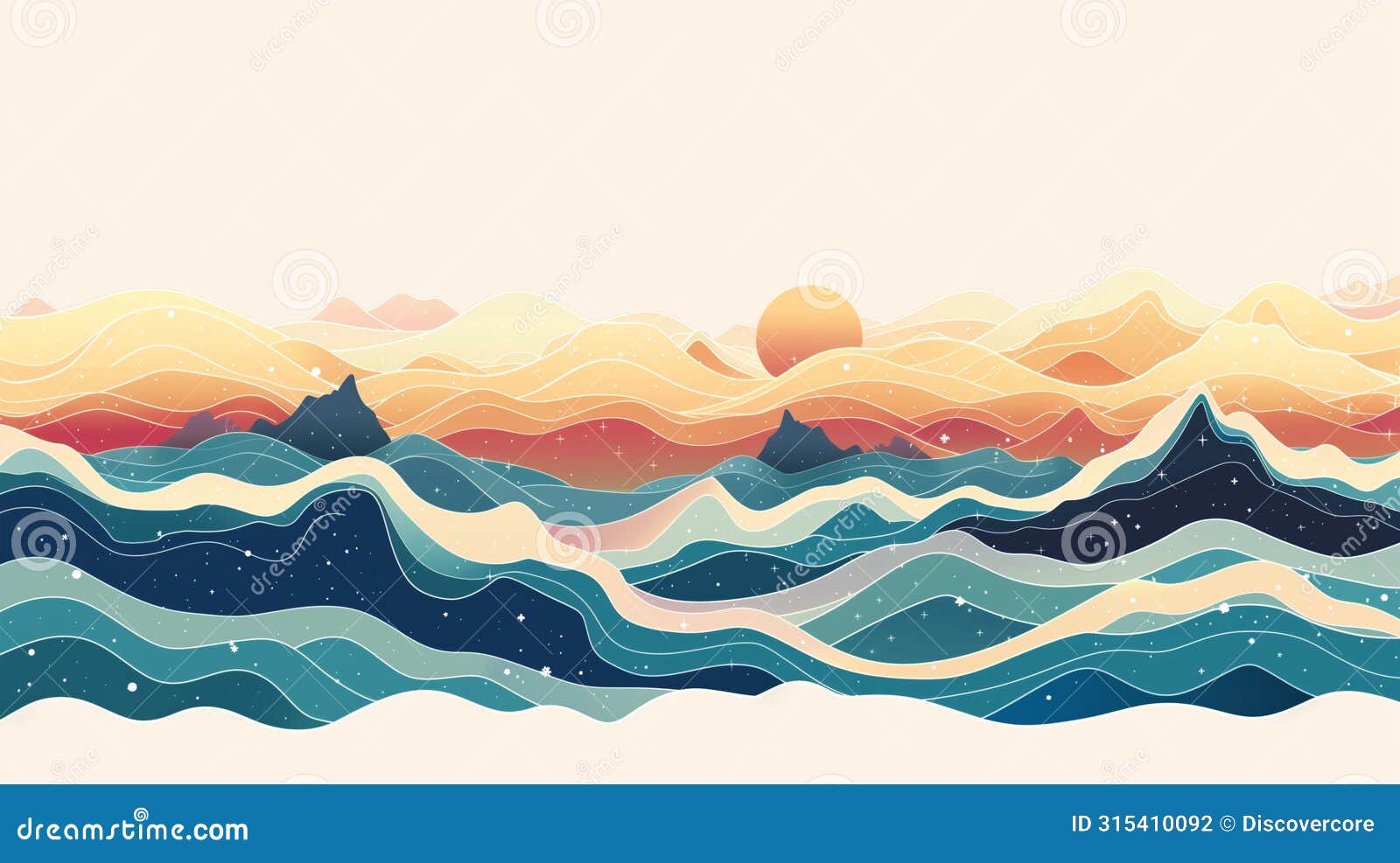 abstract sunrise over colorful waves: modern artistic interpretation of ocean and sun