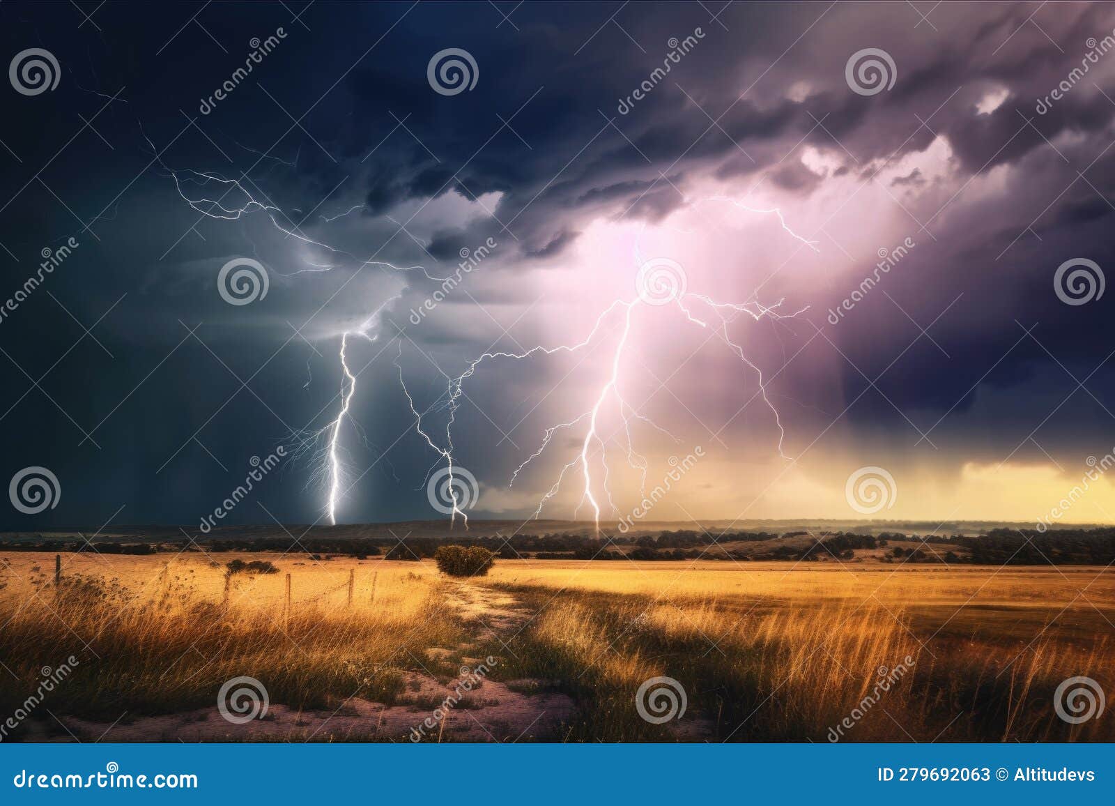 Abstract and Surreal Landscape with Stormy Sky, Lightning Strikes, and