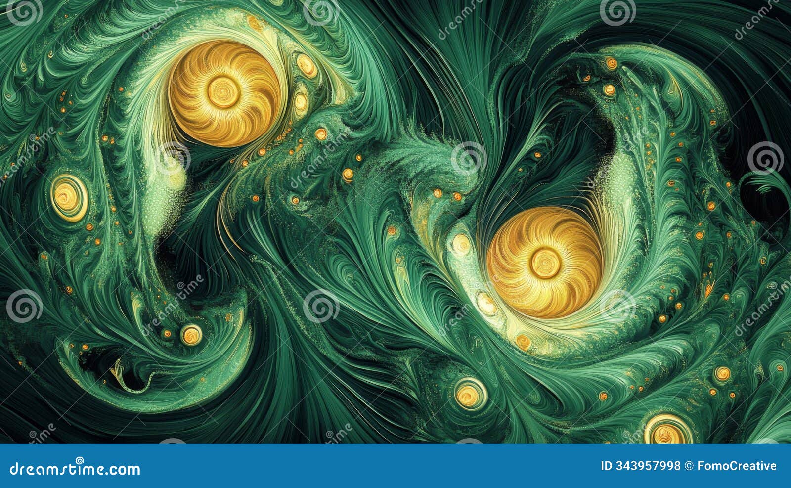 abstract swirling green and gold pattern with two circular focal points