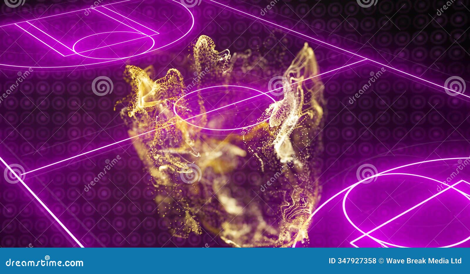 abstract swirling particles and lines image over basketball court background