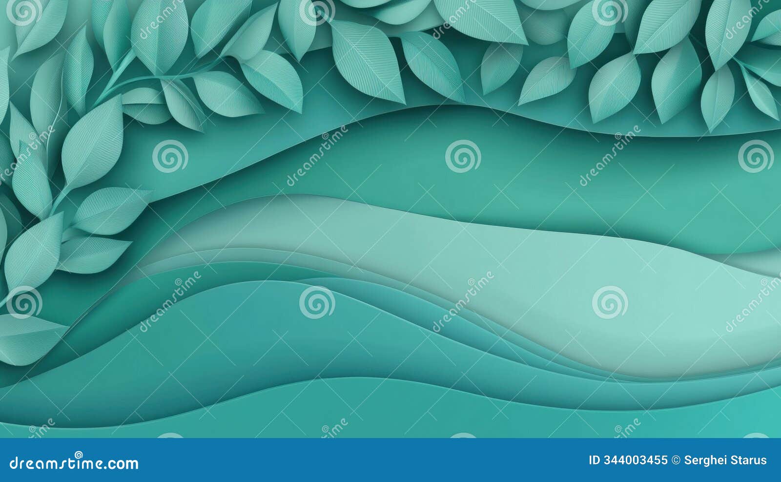 abstract teal leaves and waves create a serene, layered , ai