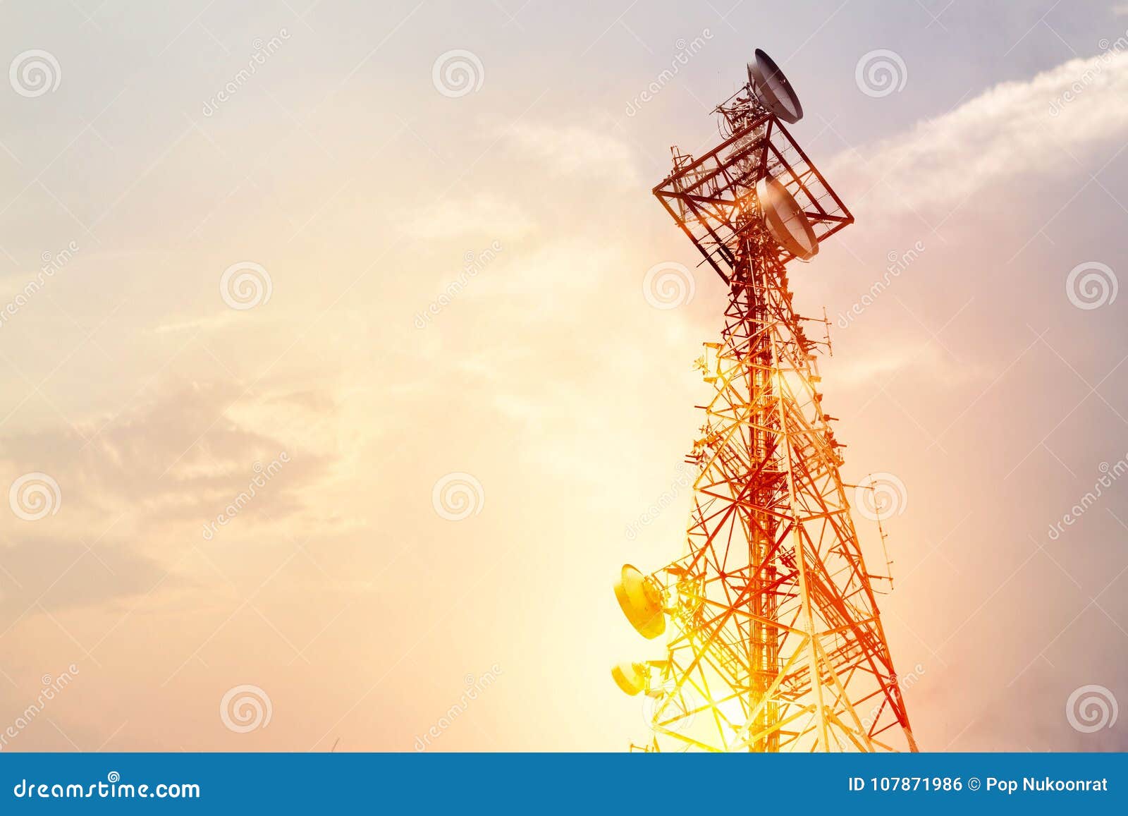 abstract telecommunication tower antenna and satellite dish at s