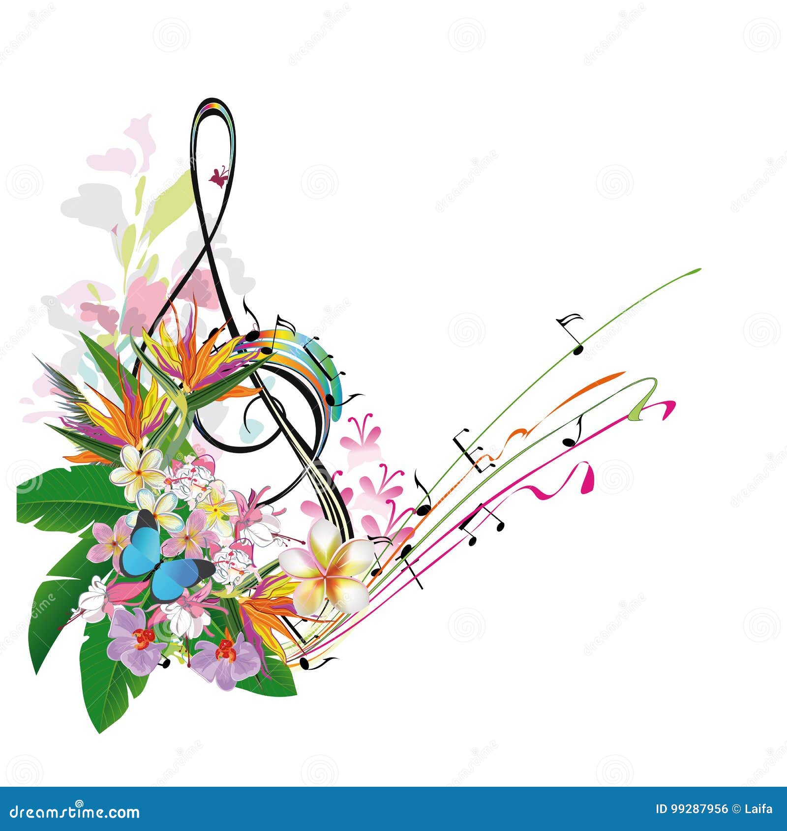 abstract treble clef decorated with leaves and flowers.