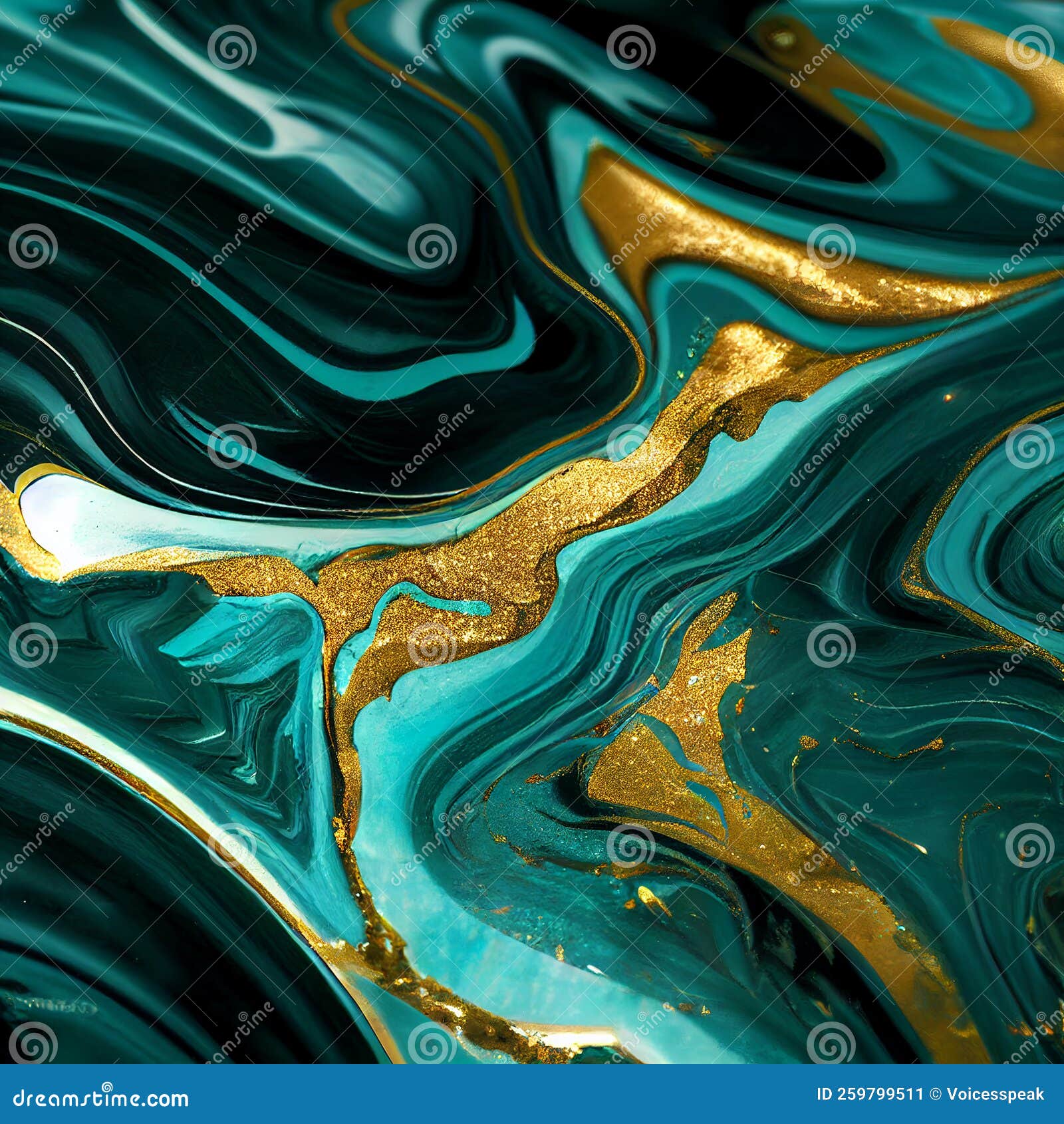 abstract turquoise bluish green marble paint background with gold veins