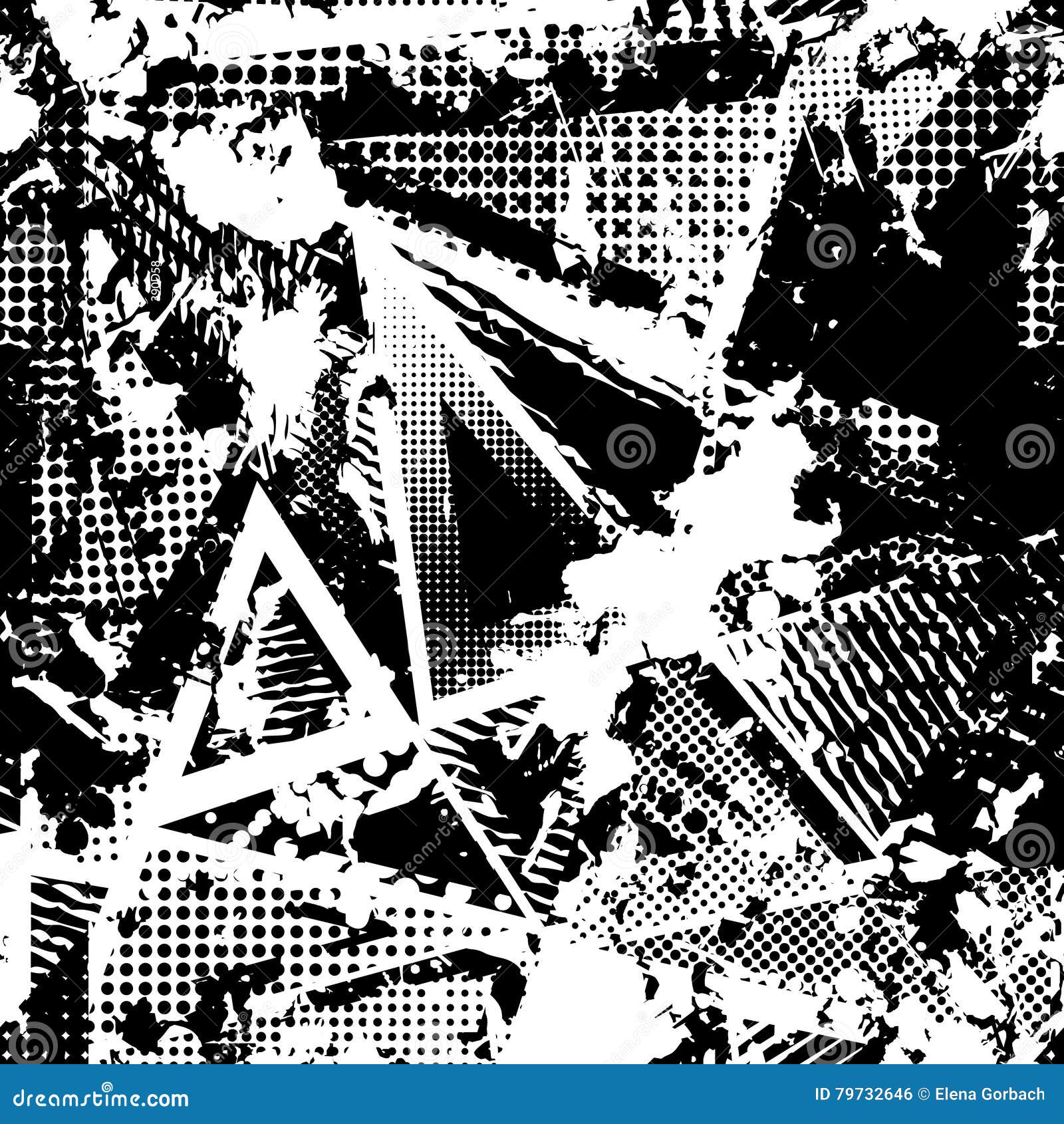 abstract urban seamless pattern. grunge texture background. scuffed drop sprays, triangles, dots, black and white spray