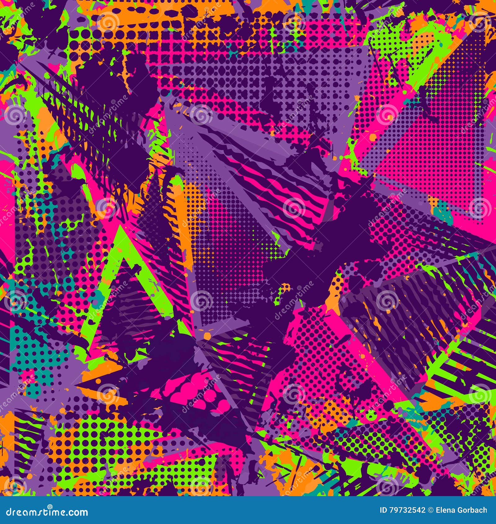 abstract urban seamless pattern. grunge texture background. scuffed drop sprays, triangles, dots, neon spray paint