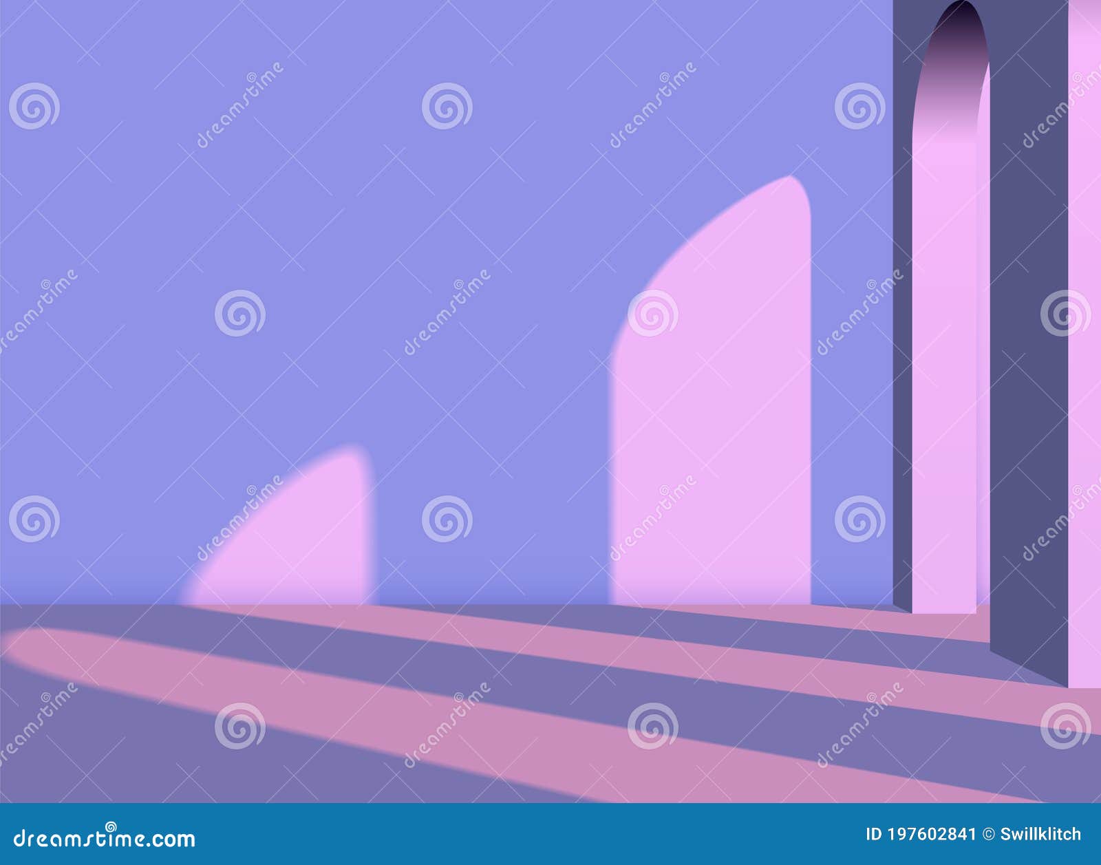 abstract vaporwave architectural 3d background with arches and columns in the pink room with violet shadows