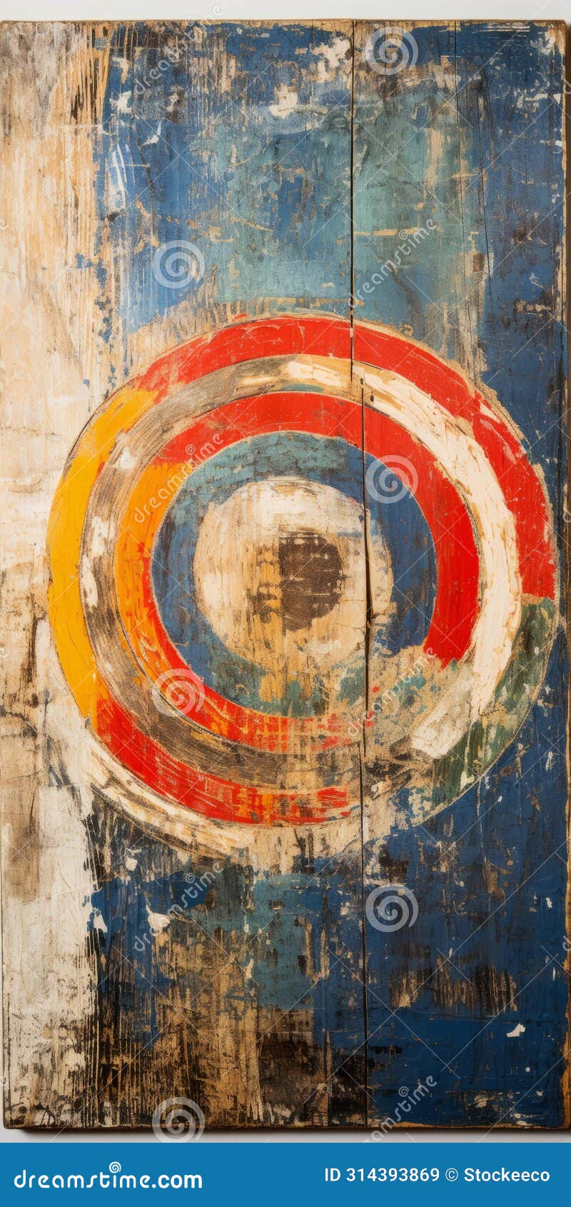 abstract vintage americana artwork on wood: colourful circles