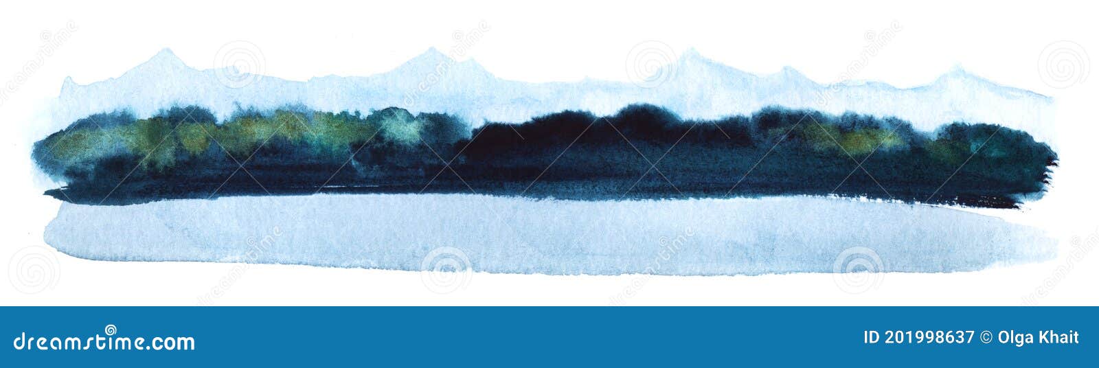 abstract watercolor background. stripe of landscape of vague silhouettes of blue mountains, blurry dark forest and lake on white