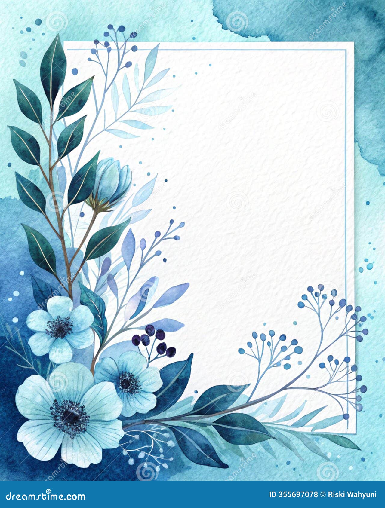 abstract watercolor border with paper texture and ocean mist palette