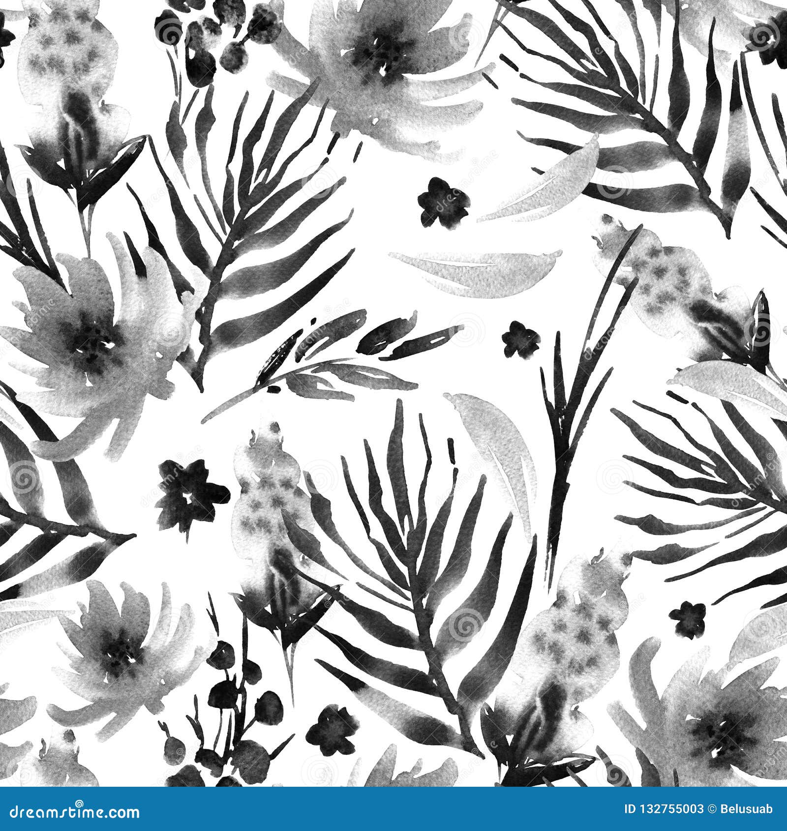 Watercolor Black White Floral Seamless Pattern Stock Illustration