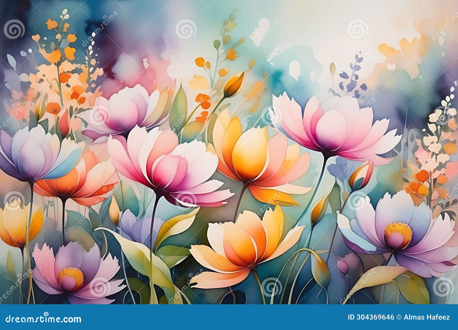 abstract watercolor painting featuring an ensemble of undefined flowers - merging hues of pink, blue