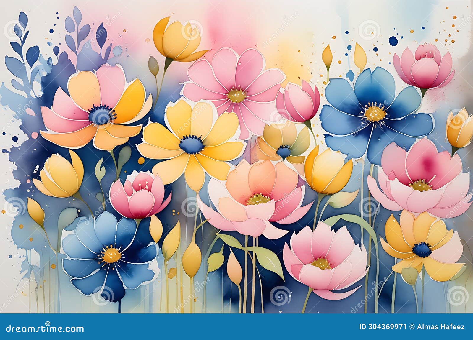 abstract watercolor painting featuring an ensemble of undefined flowers - merging hues of pink, blue