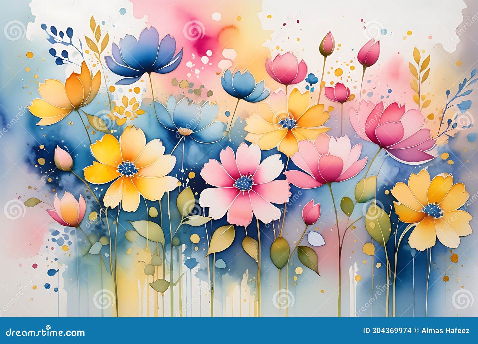 abstract watercolor painting featuring an ensemble of undefined flowers - merging hues of pink, blue