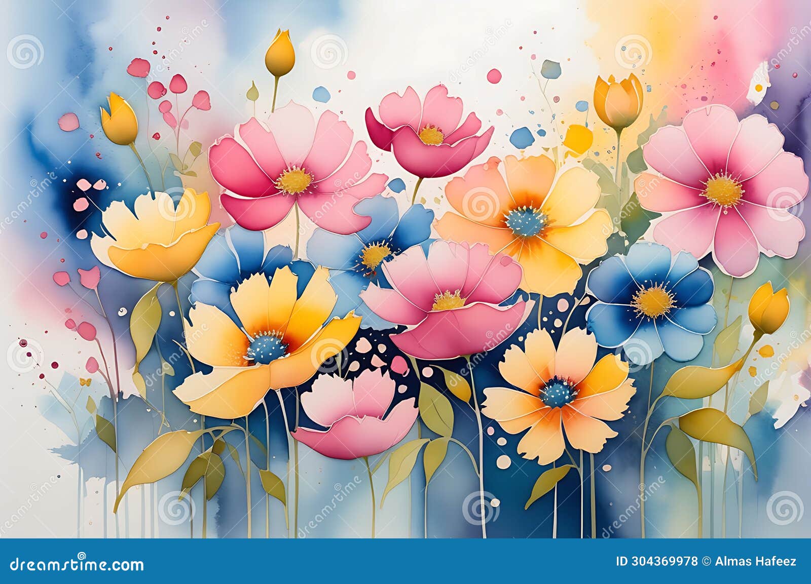 abstract watercolor painting featuring an ensemble of undefined flowers - merging hues of pink, blue