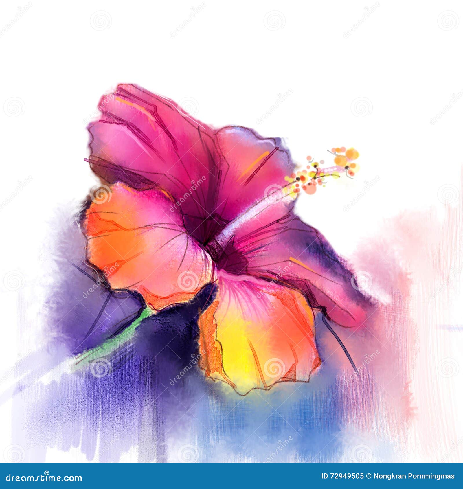 Abstract Watercolor Painting Red Hibiscus Flower On Blue Color ...