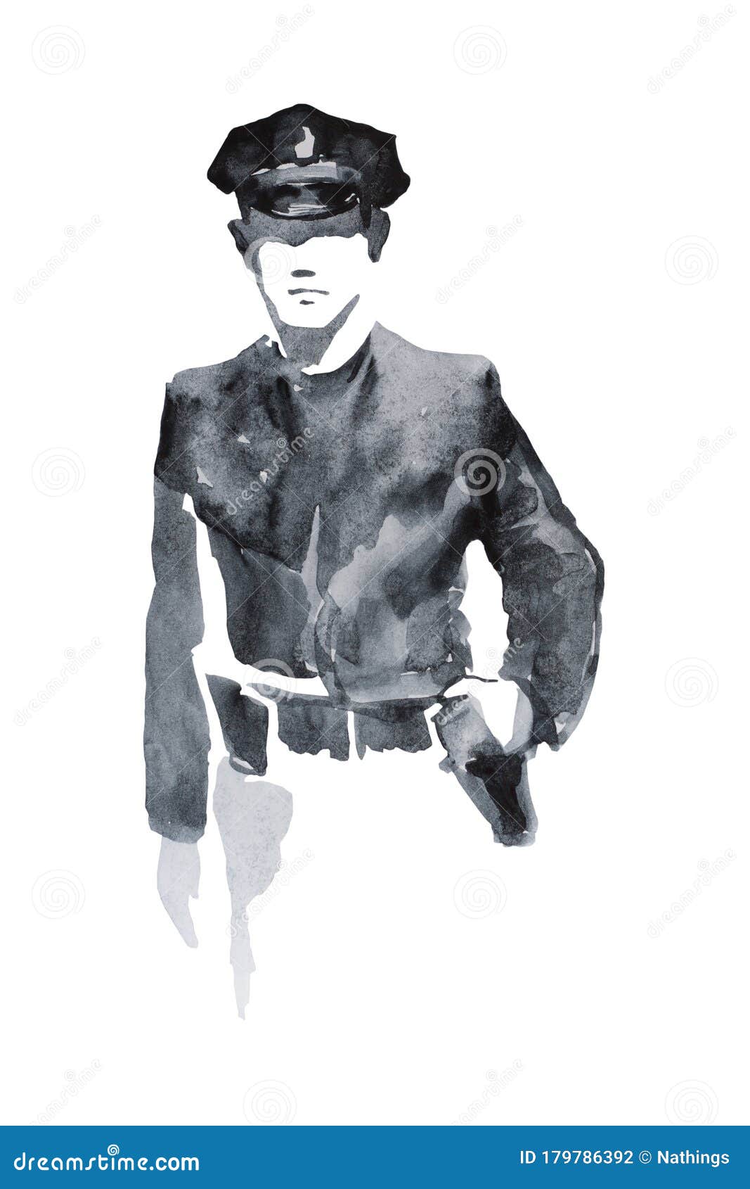 Abstract Watercolor Sketch of Police Officer in Award. Simple Black and