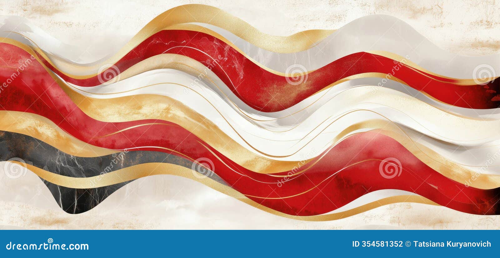 abstract wavy lines in red, gold, white, and black colors creating a dynamic and elegant composition, copy space for