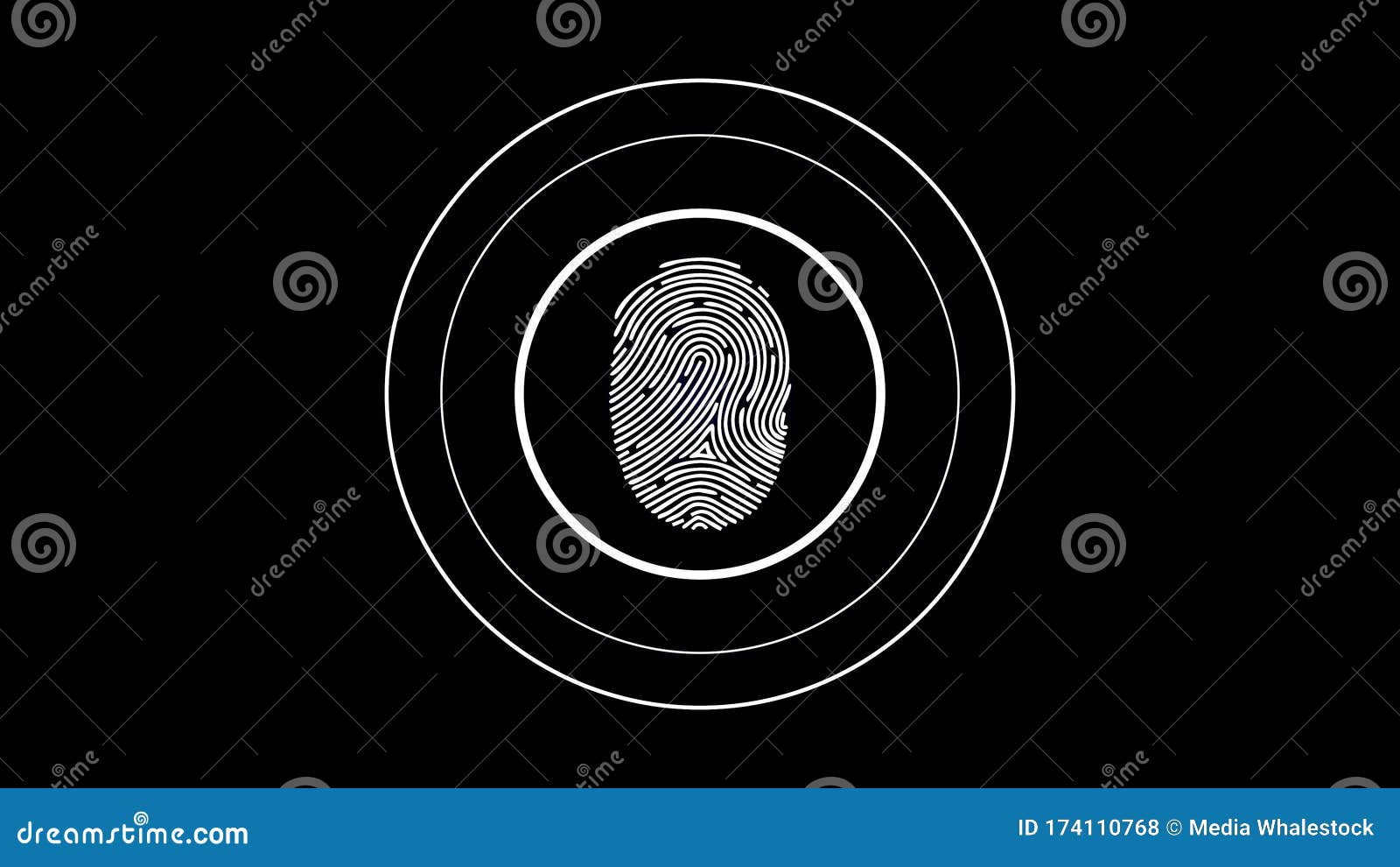 Abstract White Fingerprint Scan Surrounded by Spreading Circles on Black  Background. Animation. Personal Identification Stock Illustration -  Illustration of number, digital: 174110768
