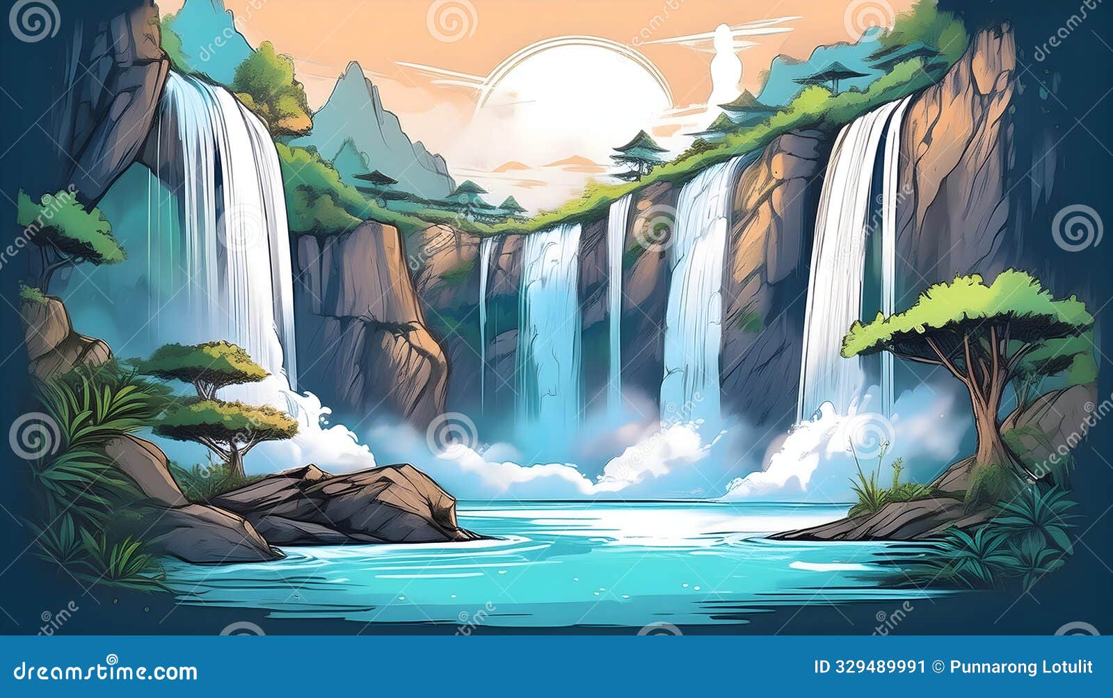wonders of a magnificent natural waterfall ondigital art concept, generative ai