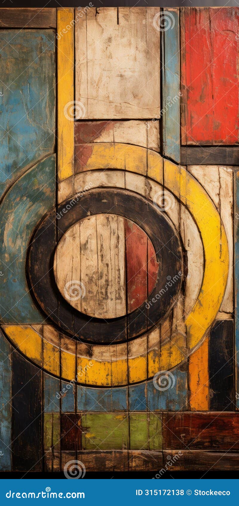 abstract wood piece with multi colored circles