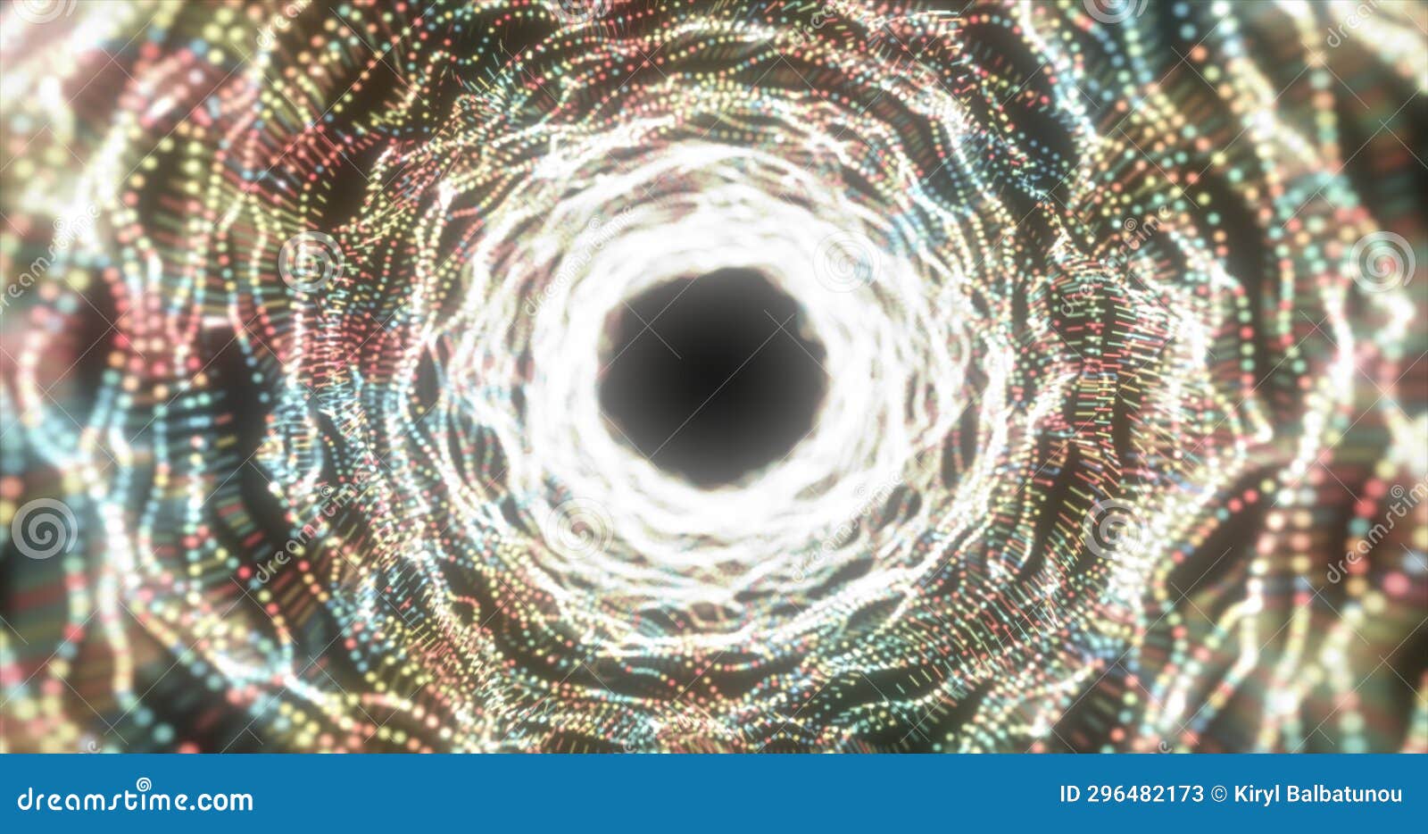 abstract yellow energy tunnel made of particles and a grid of high-tech lines