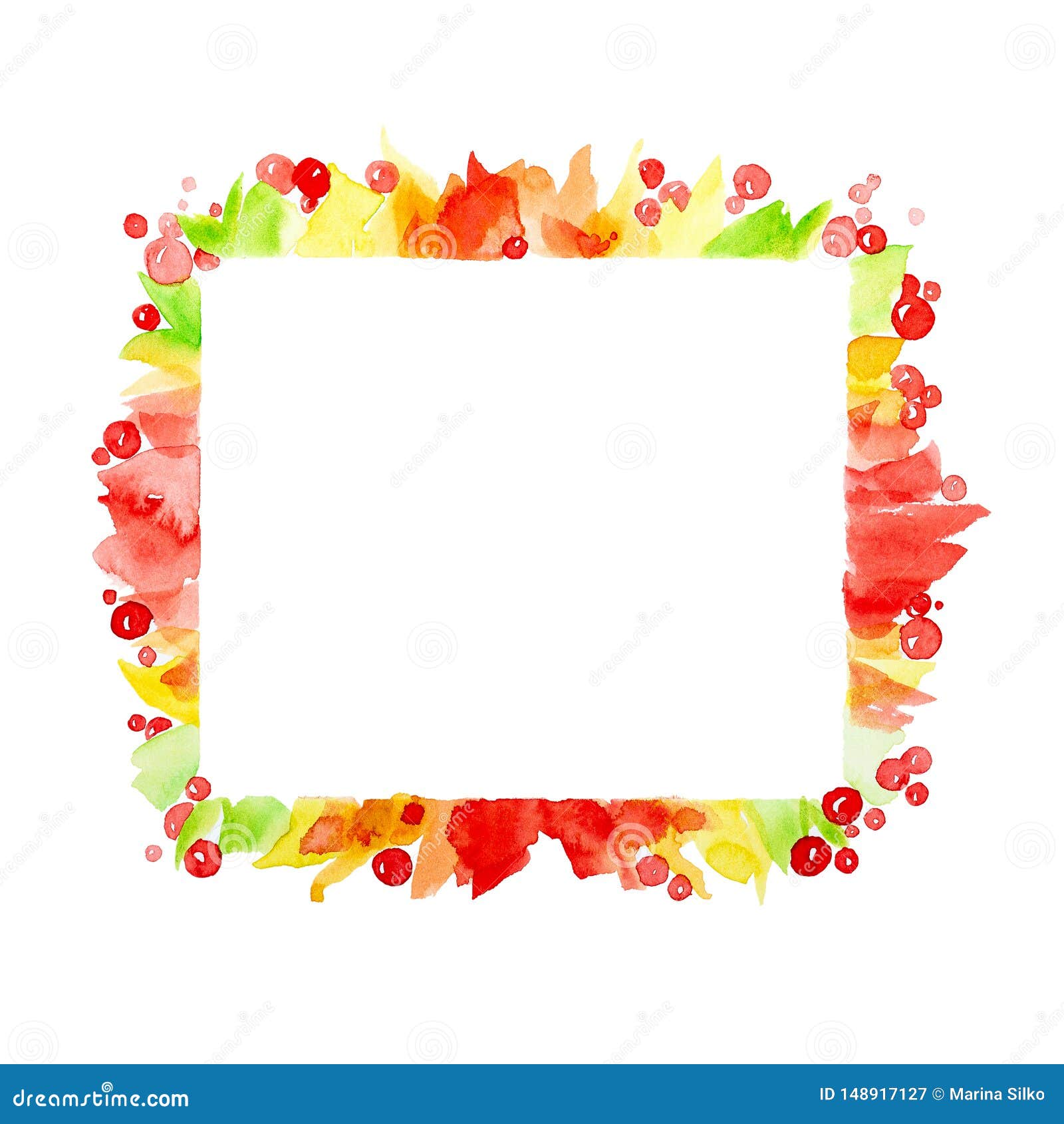 Abstract colorful square frame of berries and colorful leaves. Watercolor illustration isolated on white background.