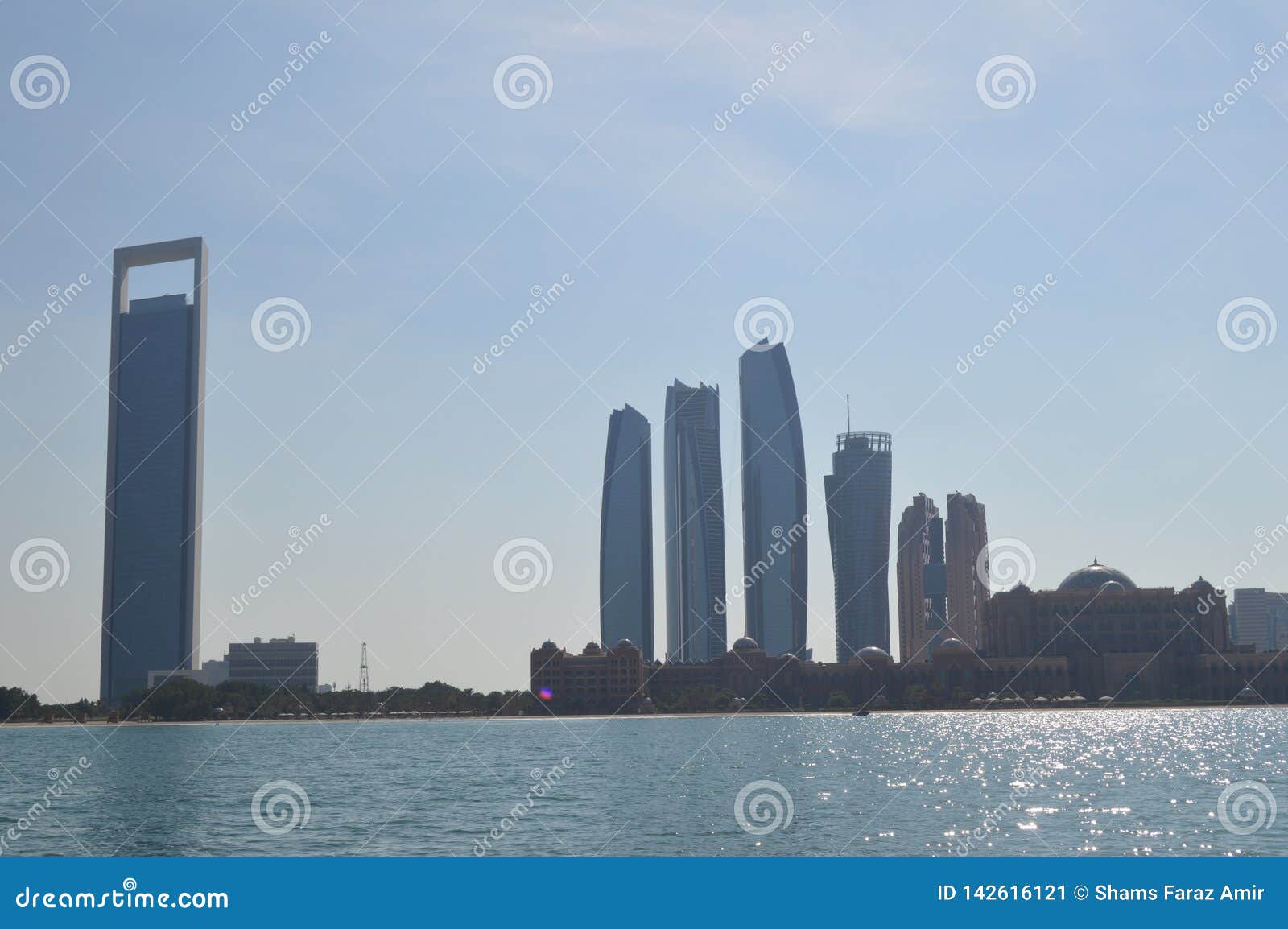 Abu Dhabi City Skyline Along Corniche Beach Taken From A Boat