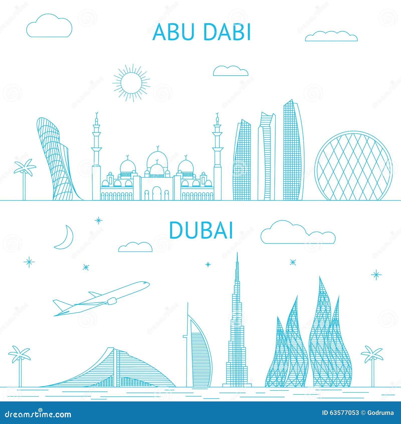 Abu Dhabi and Dubai Skyline Illustration in Lines Stock Vector