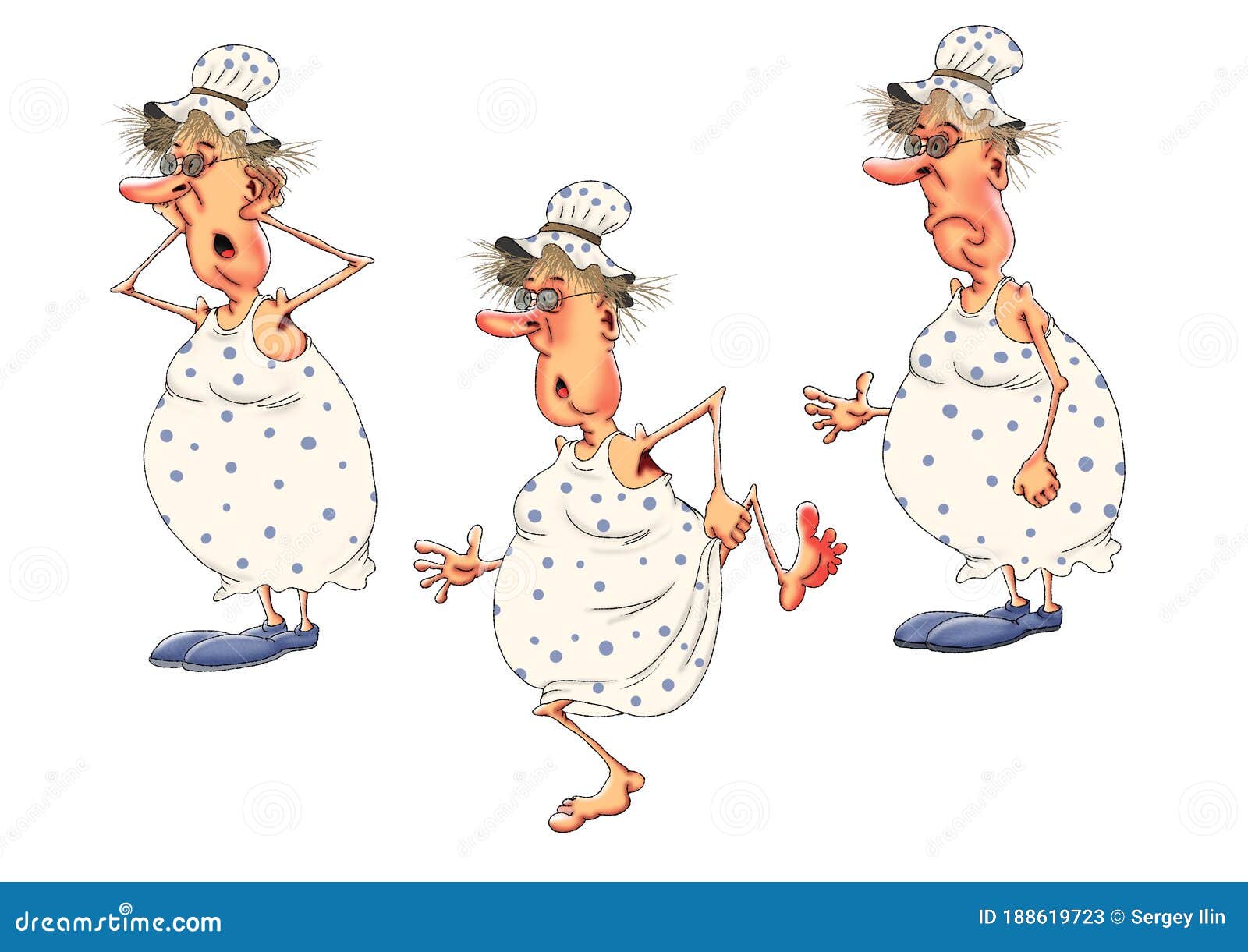 Adulto Humedal Guión Abuela Divertida En Camisón Y Gorra En Varias Poses. Ilustración  Caricaturizada Stock de ilustración - Ilustración de pensionista, mujer:  188619723