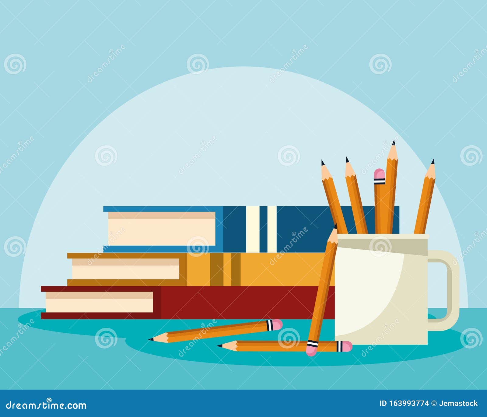 academic books with mug with pencils, colorful 