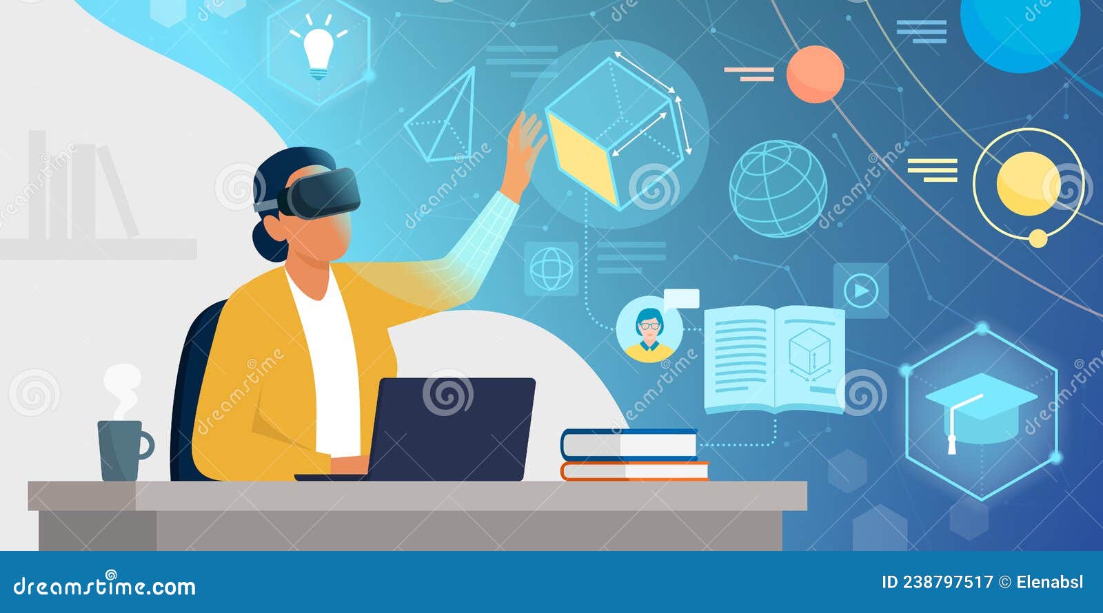 Academic Student Studying with Virtual Reality Stock Vector