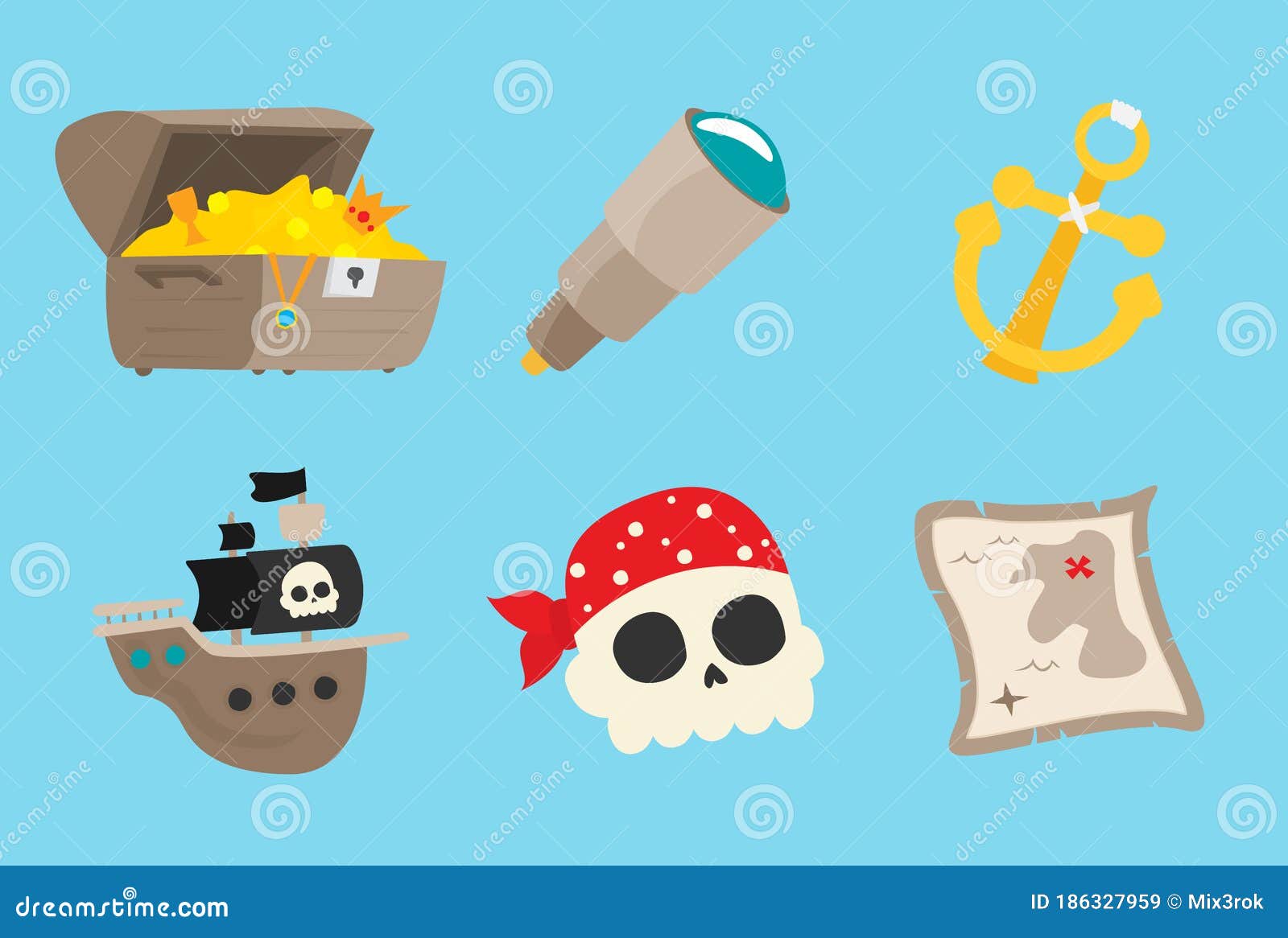 Accesorios Piratas Símbolos Iconos Planos Colección Con Cofre De