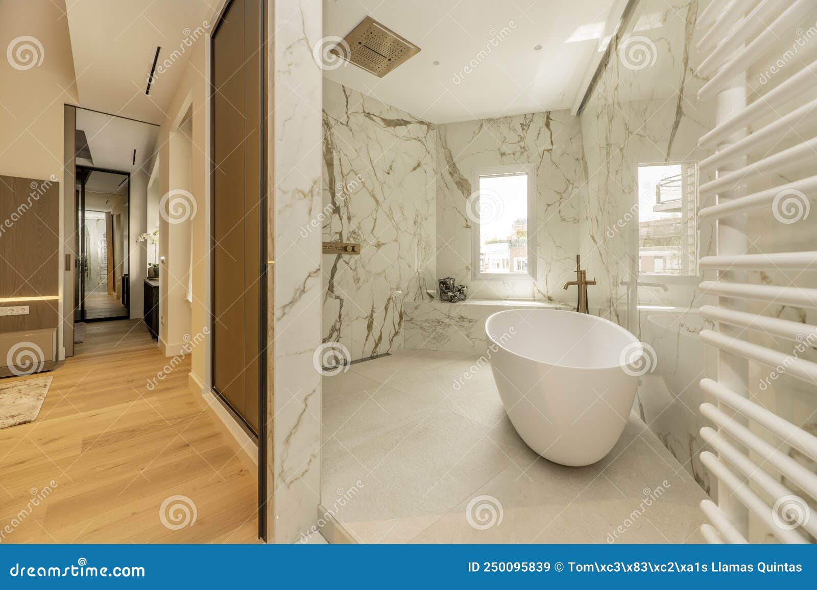access from the bedroom to an en-suite bathroom with marble walls,