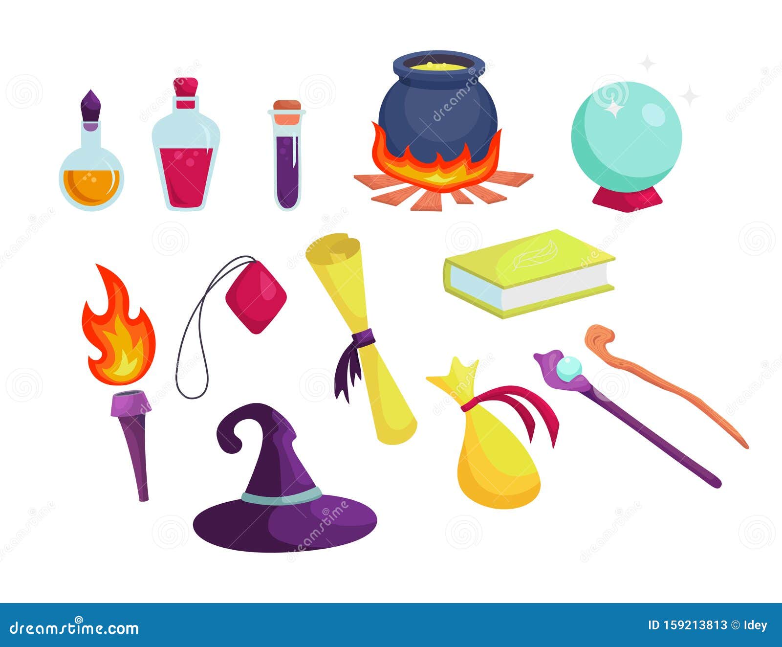 Accessoires Magiques, Outils De Magie Fioles Avec Solutions, Chaudron Avec  Potion Illustration de Vecteur - Illustration du bille, manuscrit: 159213813