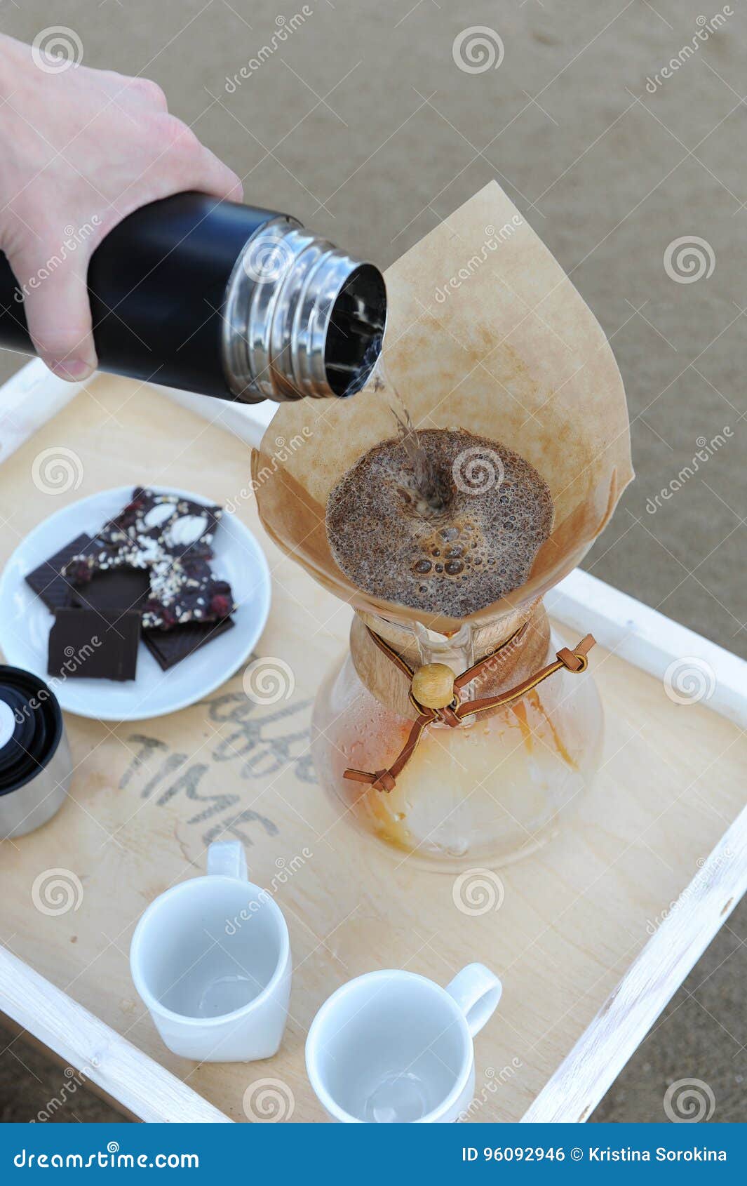 Accessories for Alternative Brewing Coffee on a Tray on the Sandy Beach