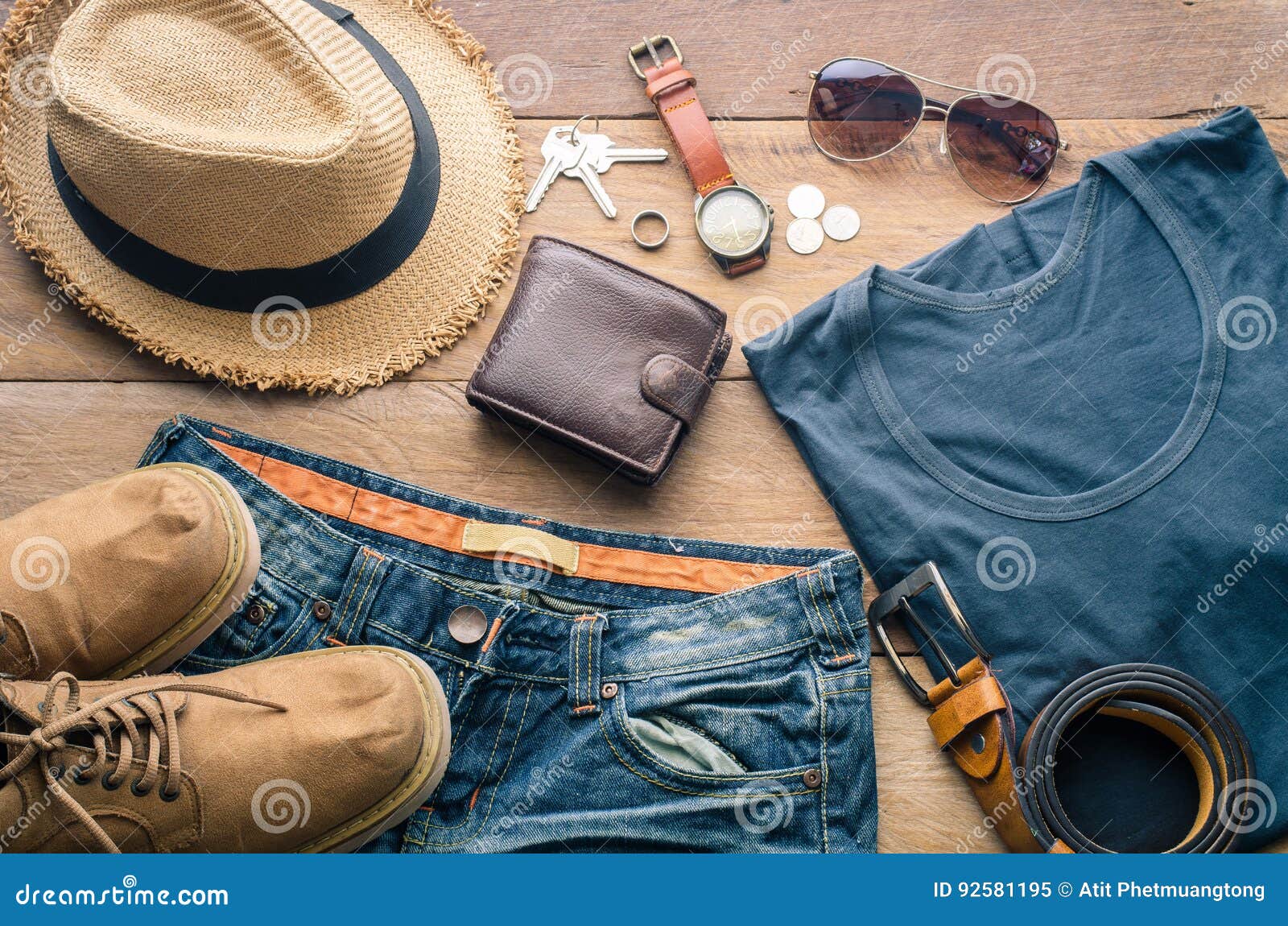 Accessories And Apparel For Travel On A Wooden Floor Stock Image ...