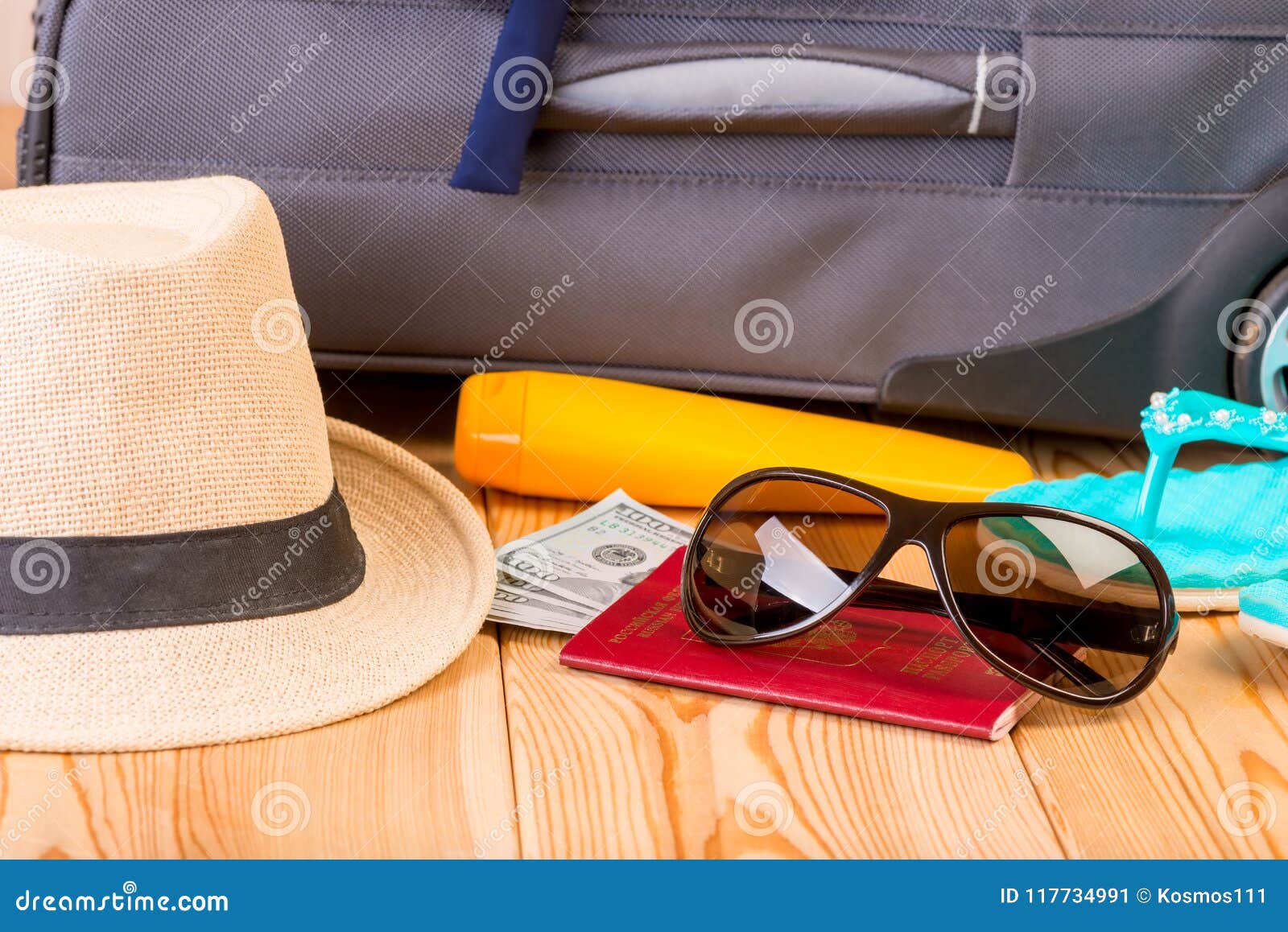 Accessories and Necessary Documents for Travel on the Background Stock