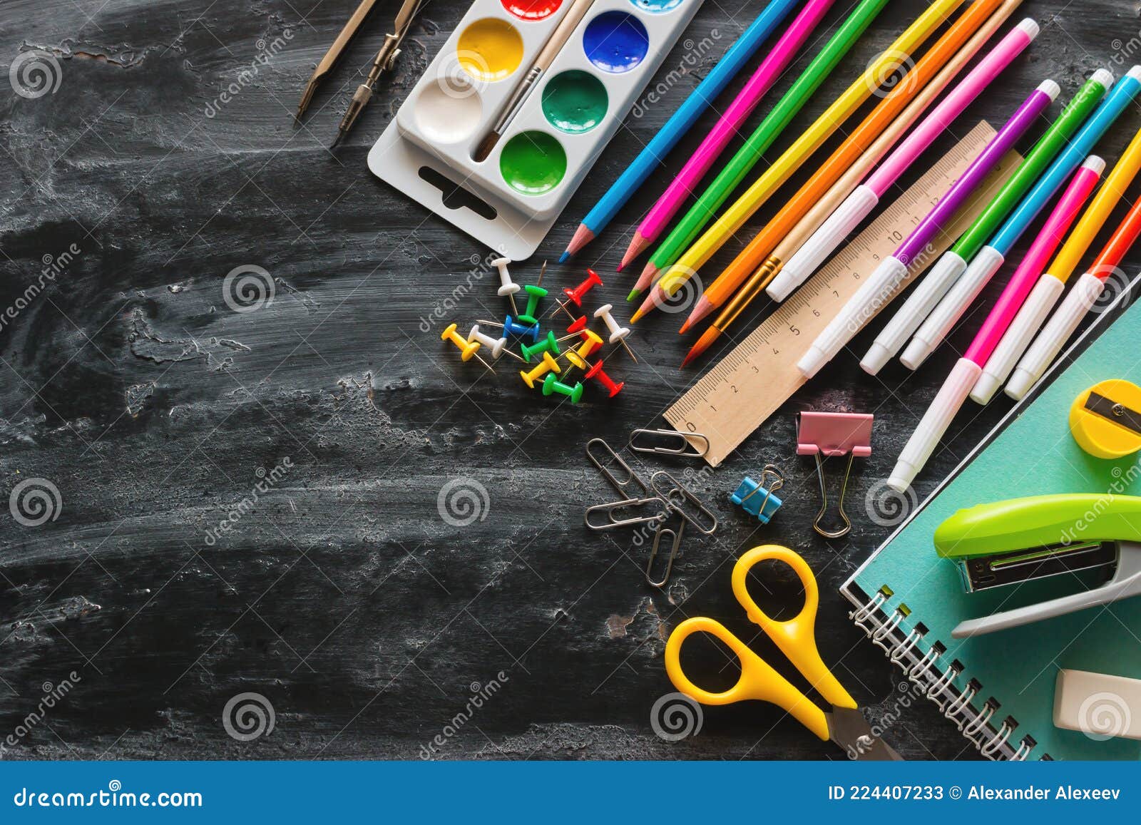 Accessories for Study at School on a Blackboard with Space for Text