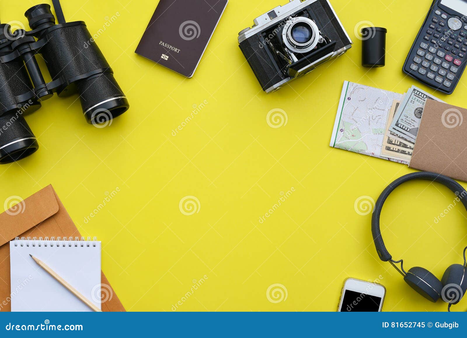 Accessories On Yellow Desk Background Of Photographer Stock Image