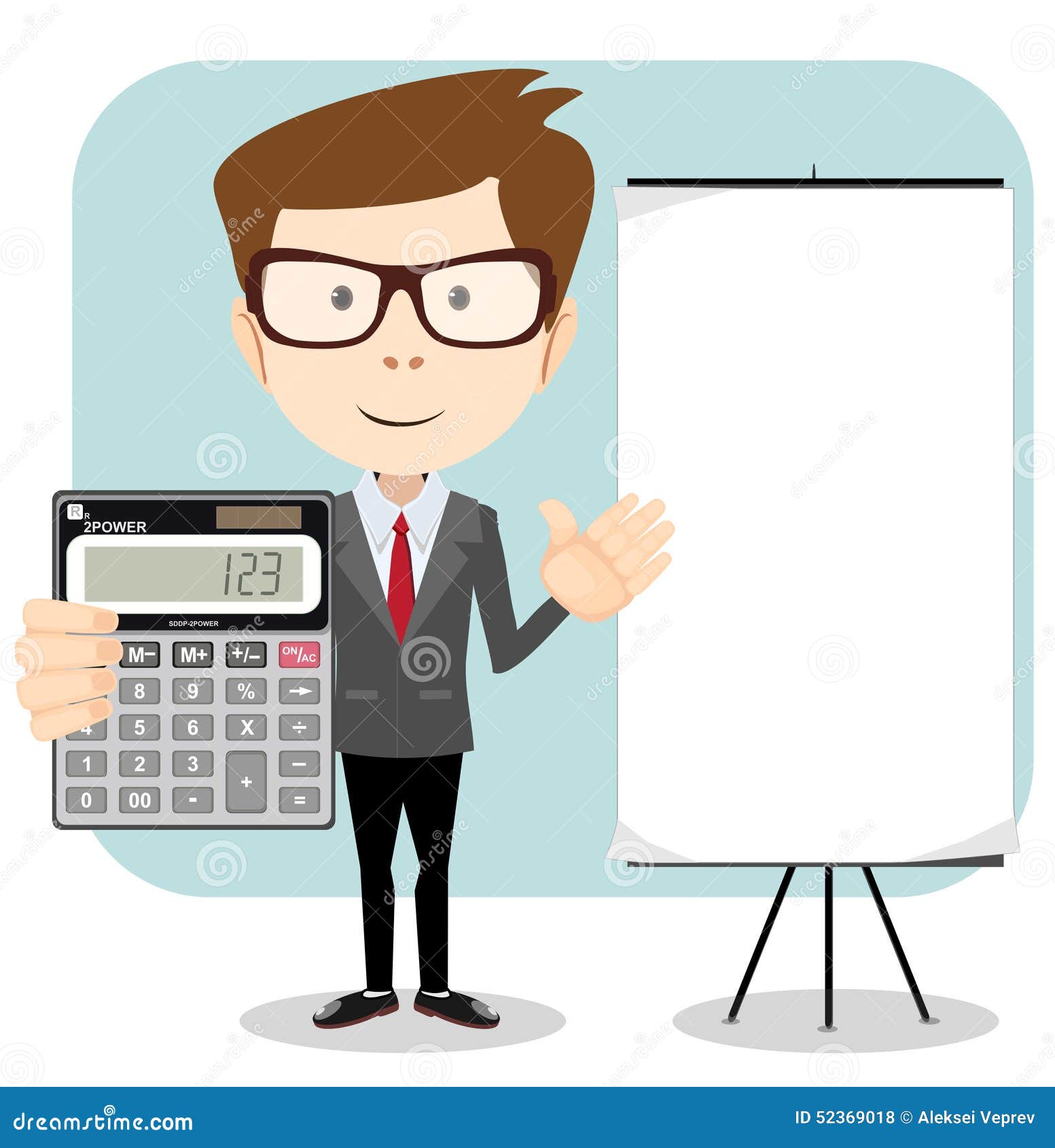 A man stands next to a calculator. Financial presentation, audit or  professional accounting service, cost calculation. Electronic counting  device. Cartoon illustration. Vector 32163779 Vector Art at Vecteezy