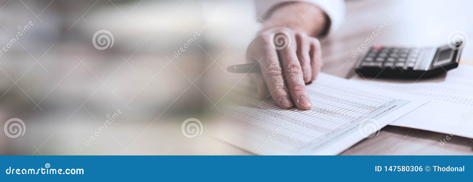 Accountant Checking Financial Document. Panoramic Banner Stock Photo