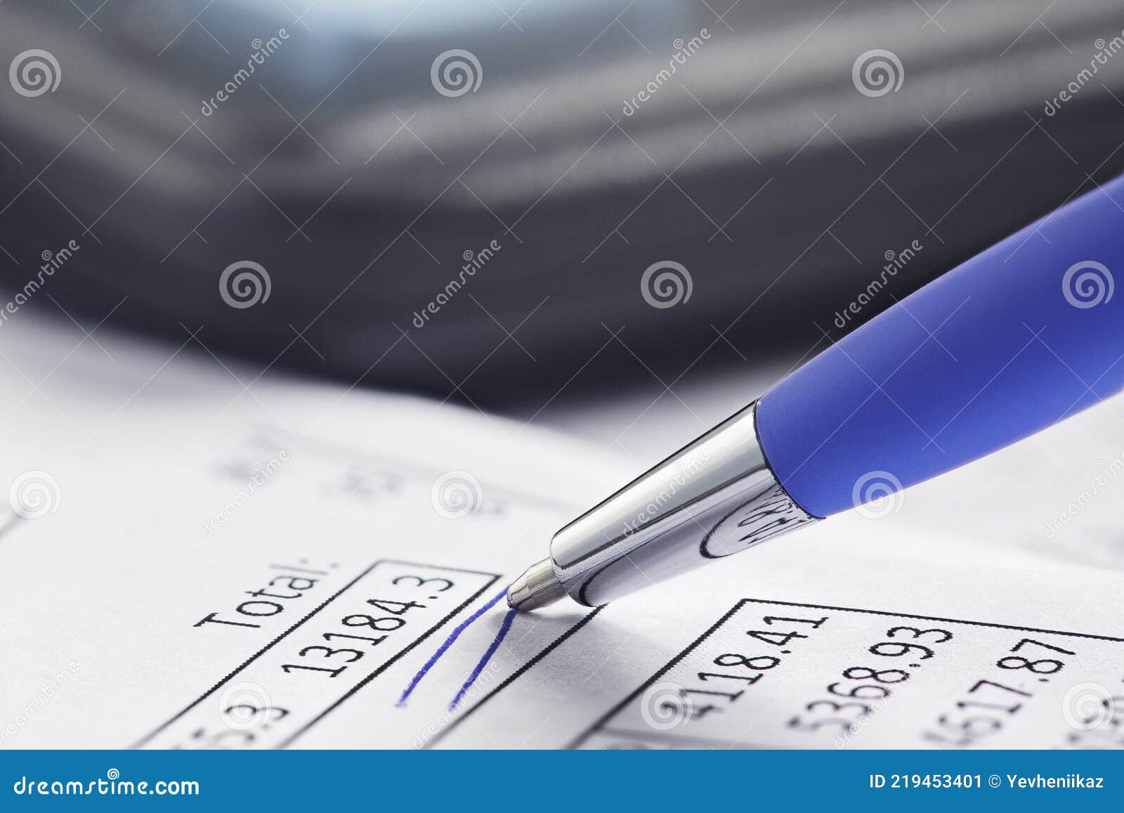 Accounting Document with Pen, Money, Coins and Checking Financial Chart ...
